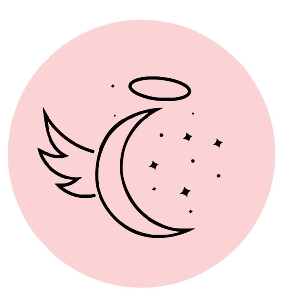Heavenly Dreamwear logo. A crescent moon with wings and a halo surrounded by stars. All within a pink circle.