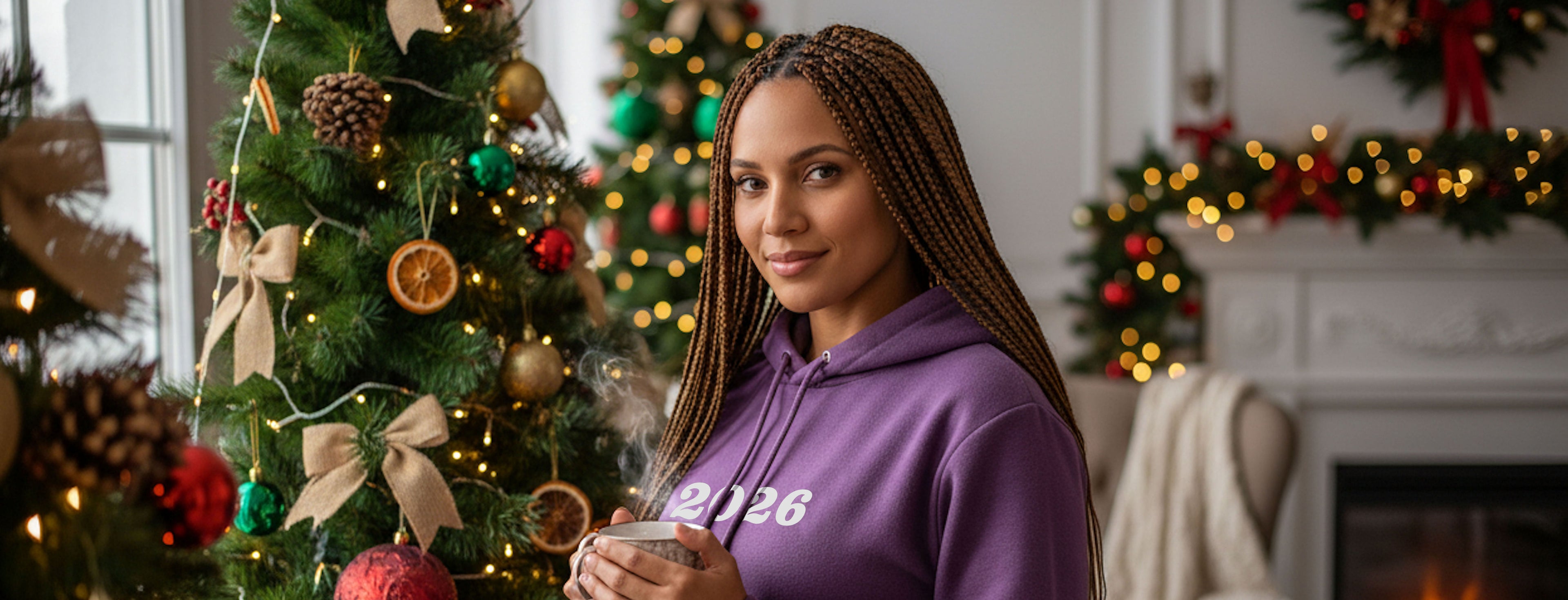 Woman in a purple hoodie with '2026' on it, standing in a festive room.