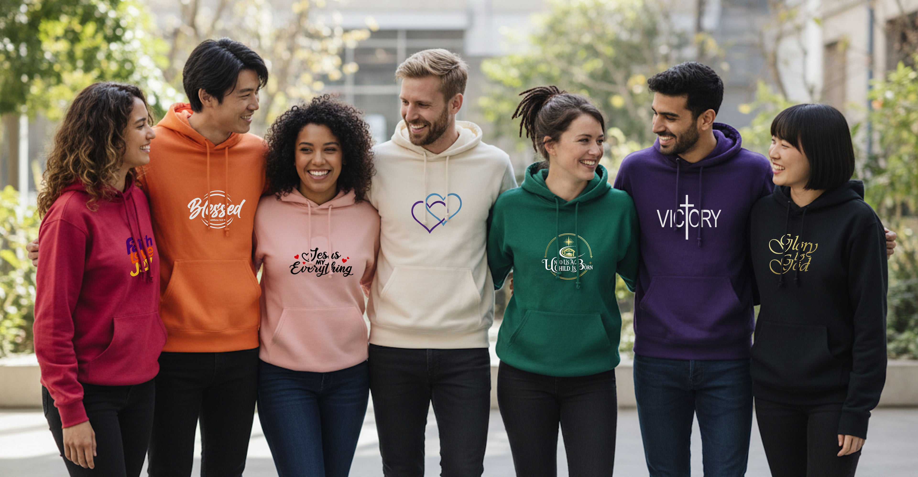 Group of people wearing colorful hoodies with various text designs outdoors.