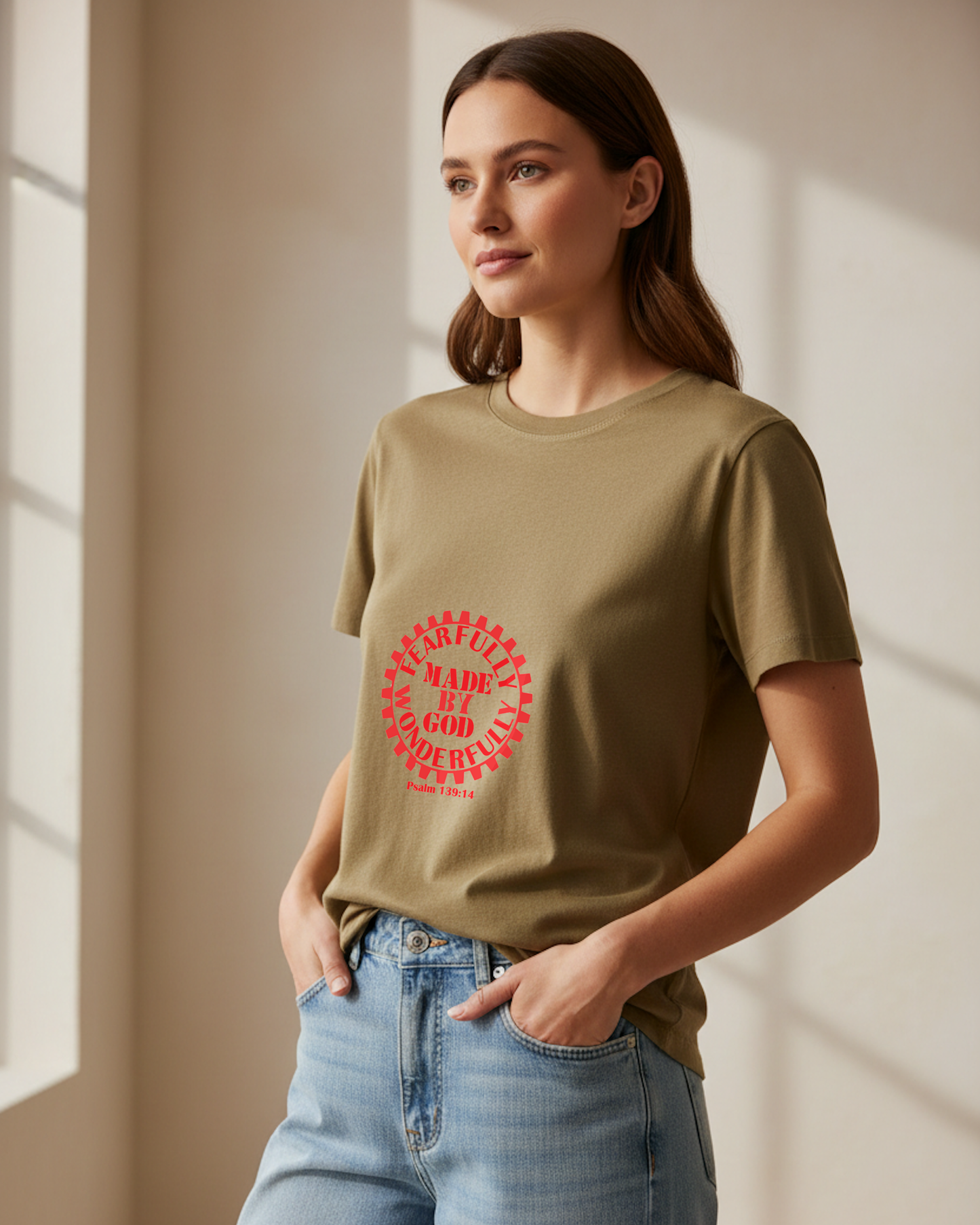 A woman wearing a khaki t-shirt with a red logo with the text "Fearfully Wonderfully Made by God" inside a geared wheel near a window