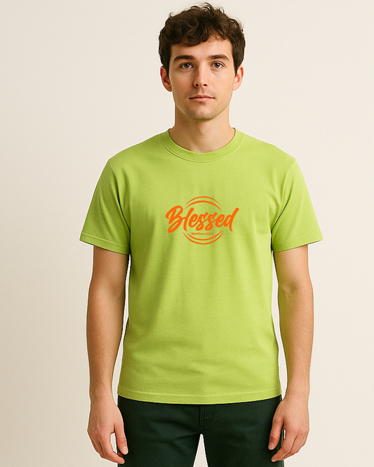 Person wearing a lime t-shirt with 'Blessed' printed in orange on a beige background