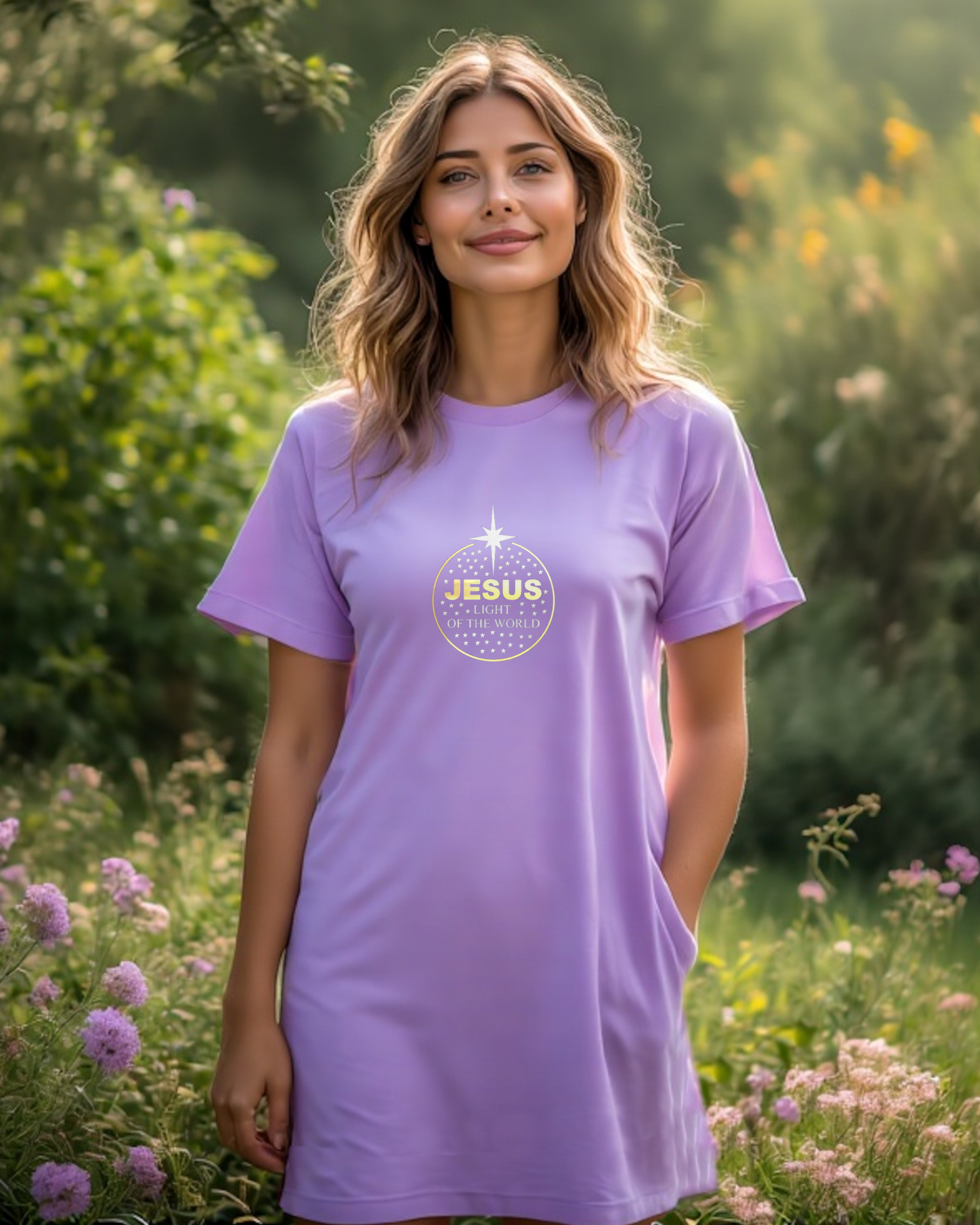 Woman wearing a lavender t-shirt with 'Jesus' design in a garden setting