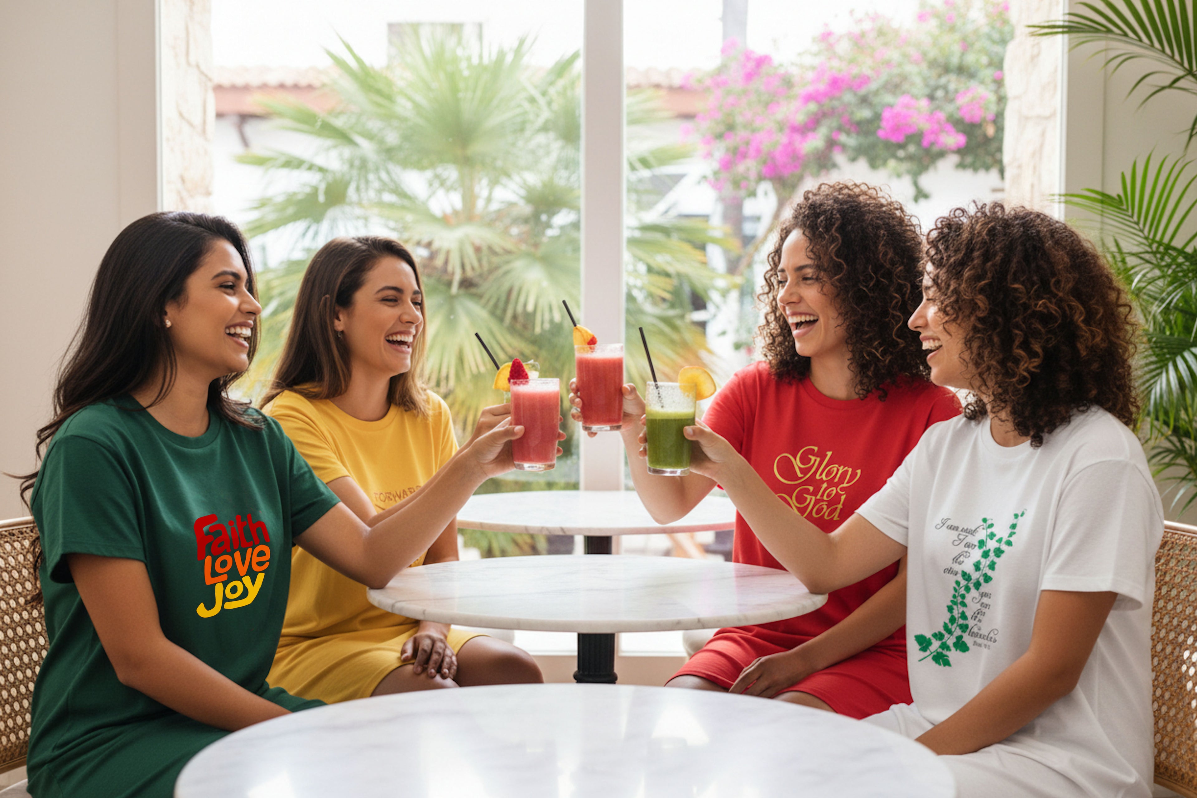 Four women sitting around a small round table in a bright indoor setting, smiling and toasting with colorful drinks. Each woman wears a different colored graphic T-shirt: green with red, orange and yellow text, yellow, red with gold 'Glory to God' text, and white with green leaf graphics and black scriptural text.