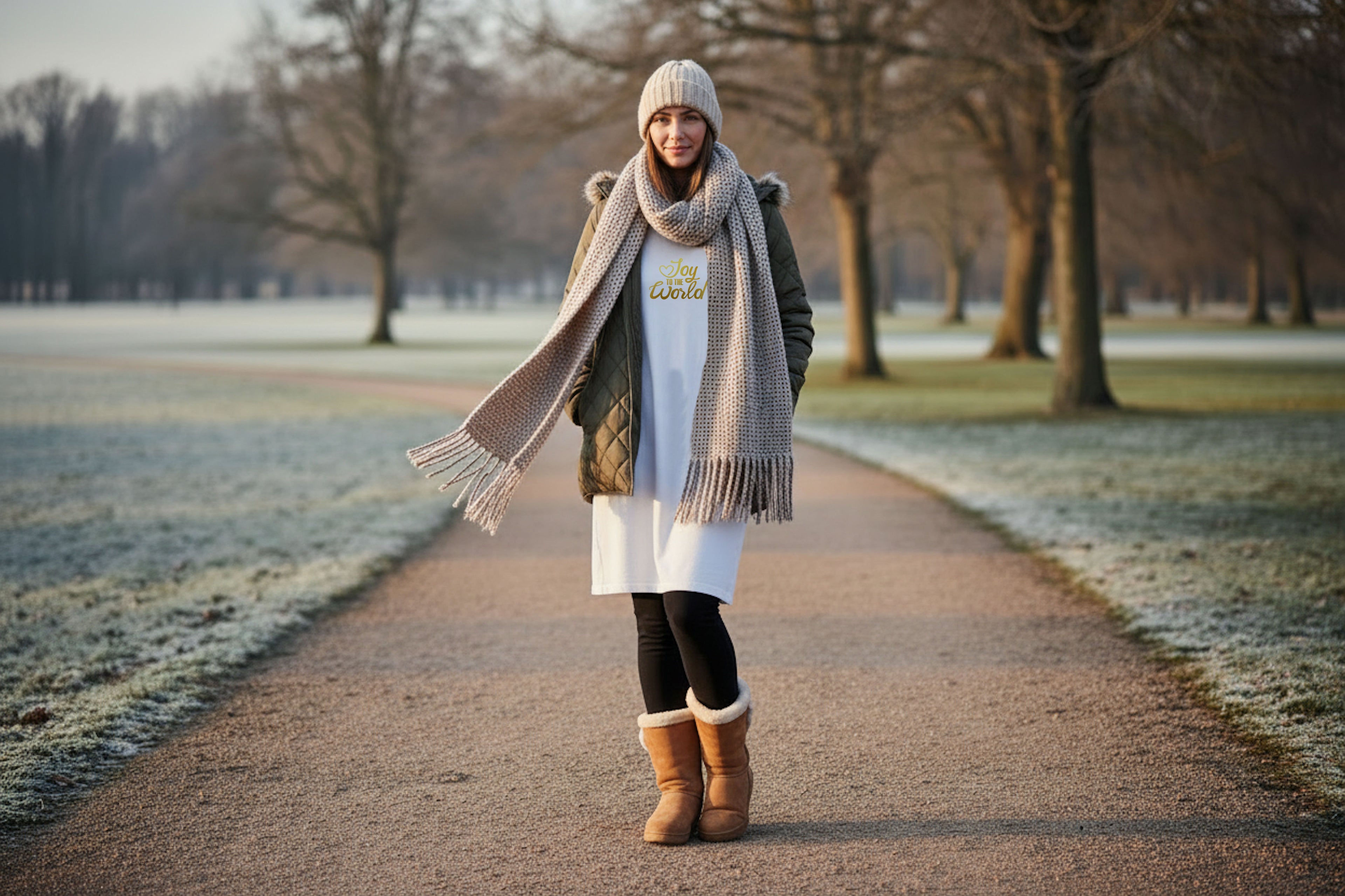 A woman wearing a white Heavenly Dreamwear t-shirt dress in a winter park.