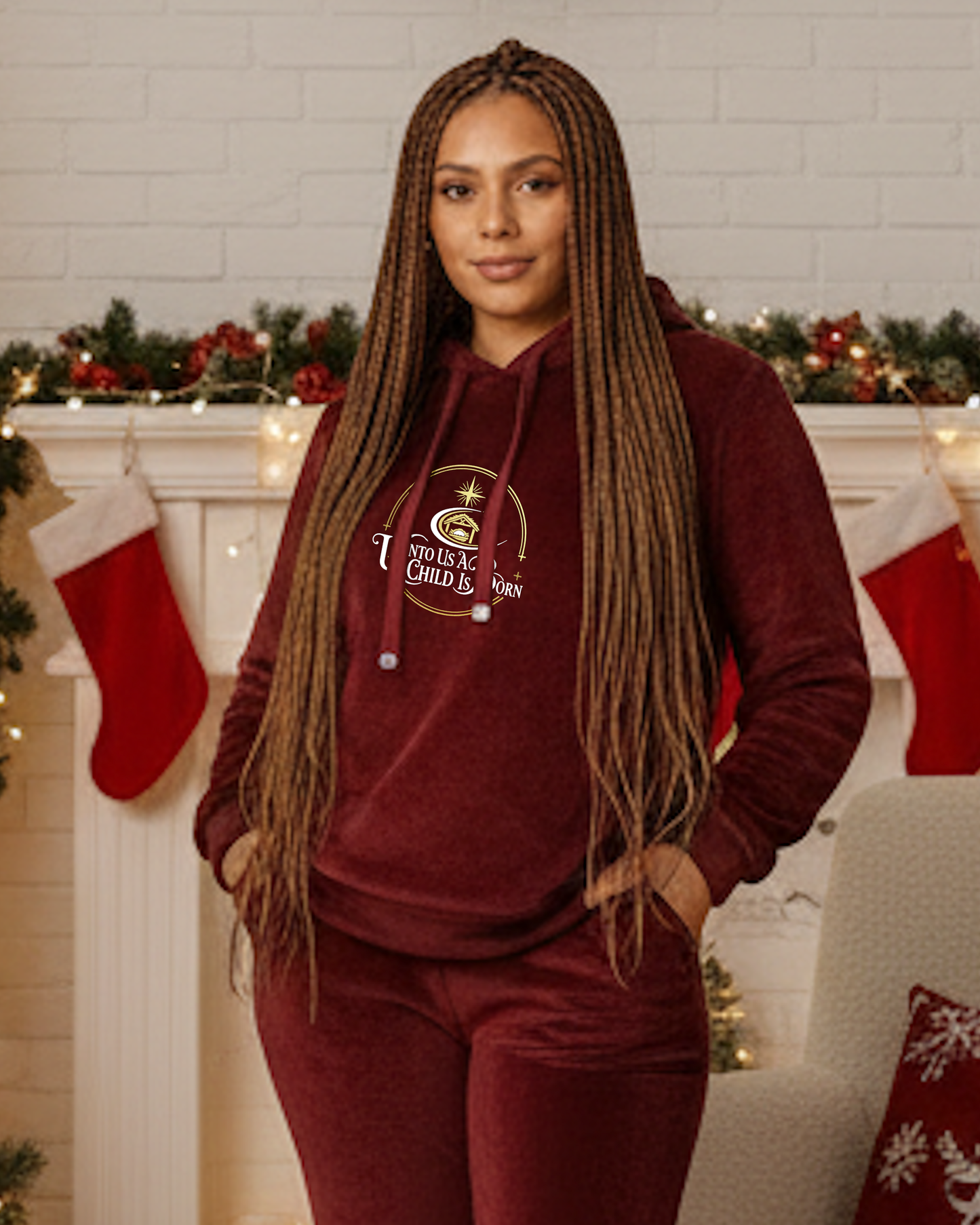 A woman wearing a maroon hoodie that has the white text, "Unto Us A Child Is Born" within a gold logo, in Christmas setting room.