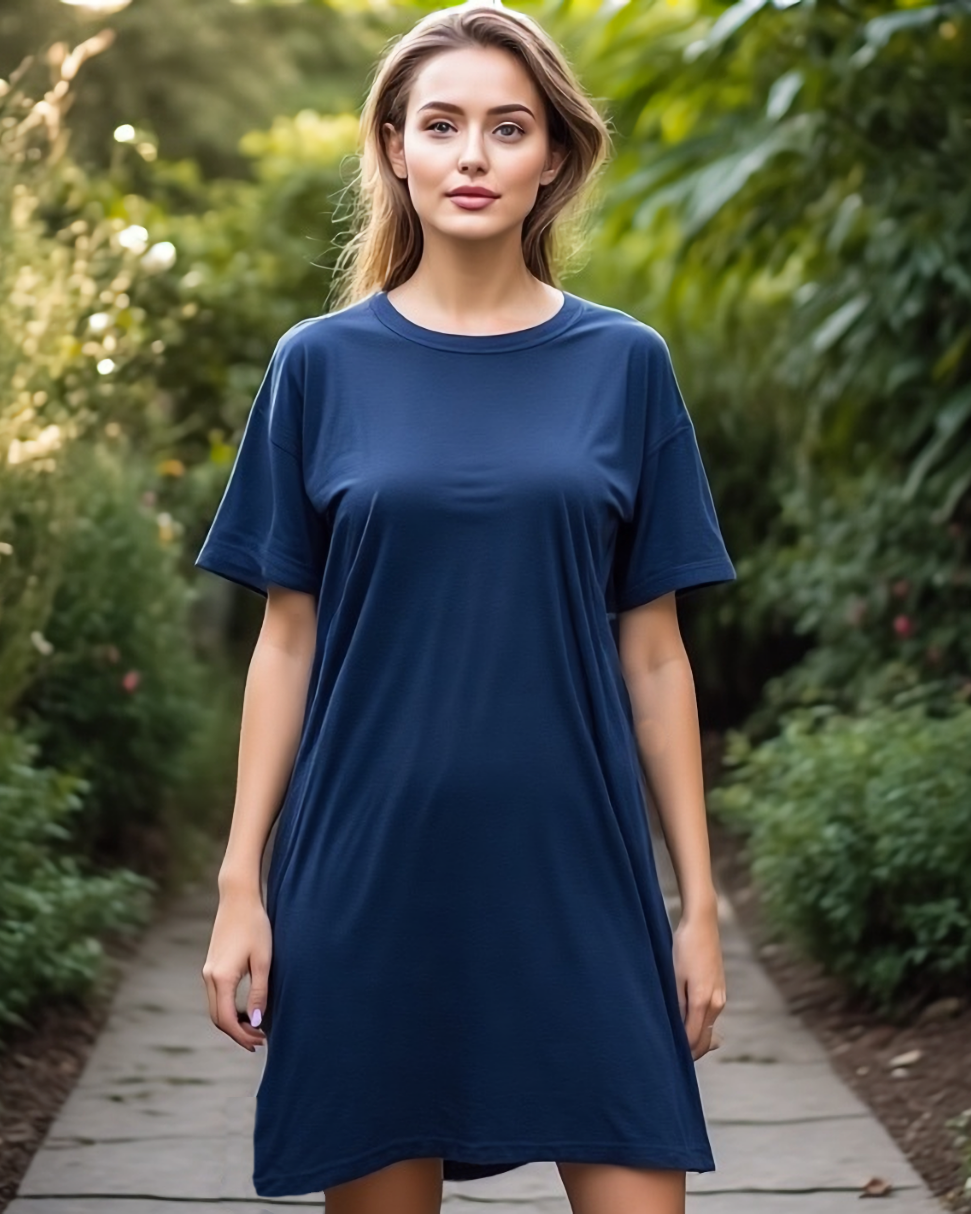 Woman wearing a navy blue t-shirt dress standing outdoors with greenery in the background