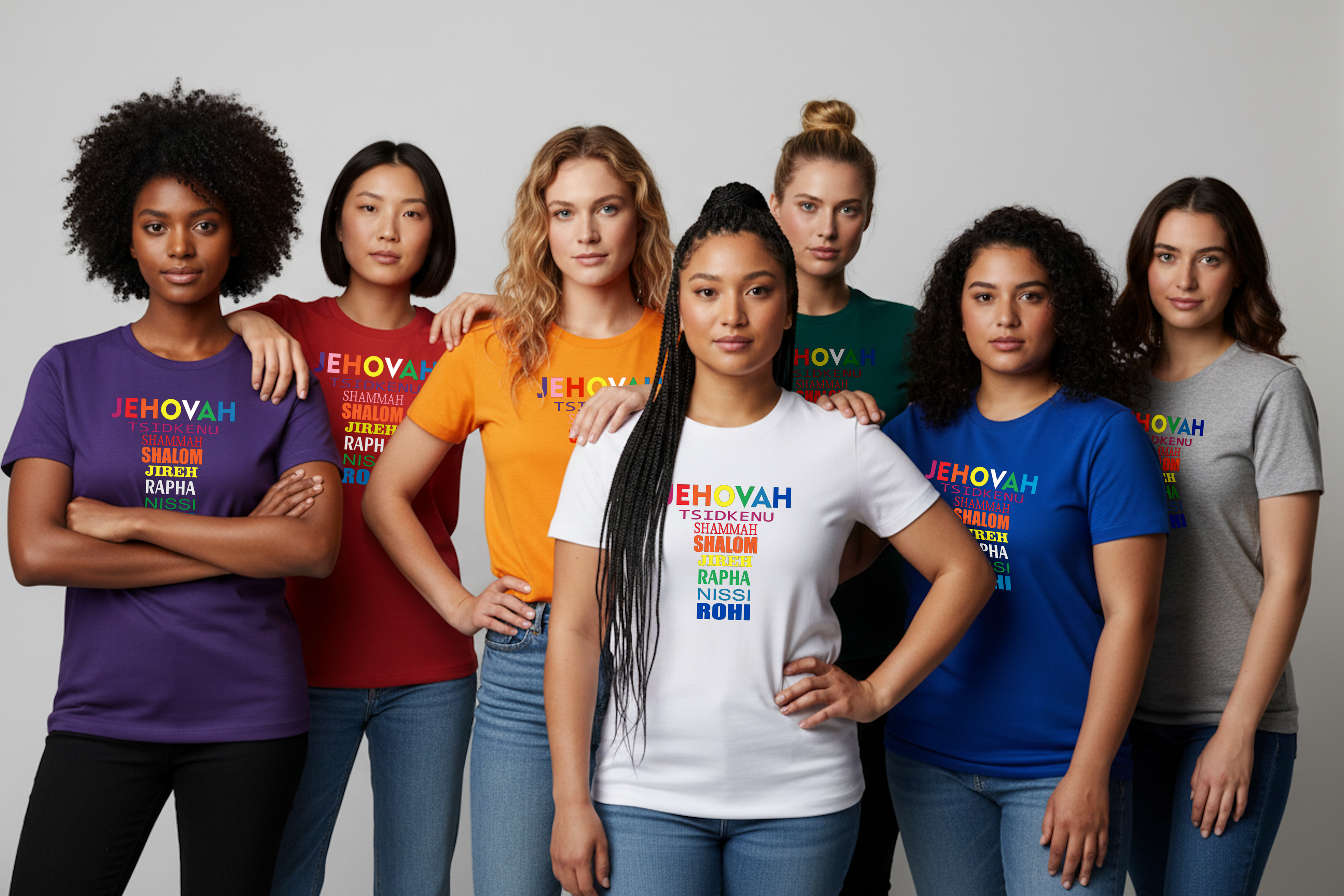 Group of women wearing t-shirts with 'JEHOVAN' text in various colors on a plain background
