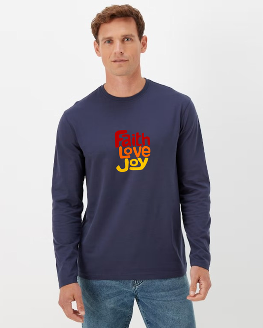 Man wearing a navy long-sleeve shirt with 'Faith Love Joy' text on a white background