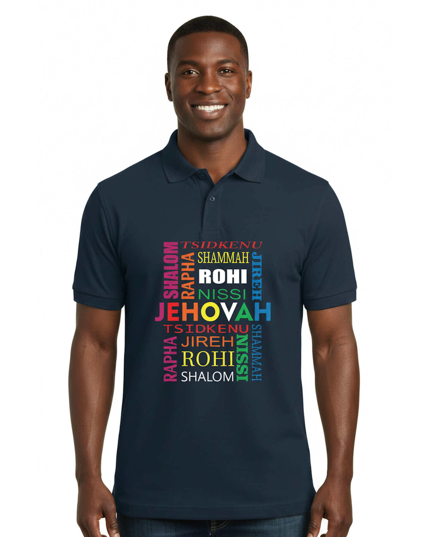 Man wearing a navy blue polo shirt with colorful text design on a white background