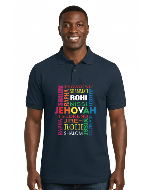 Man wearing a navy blue polo shirt with colorful text design on a white background