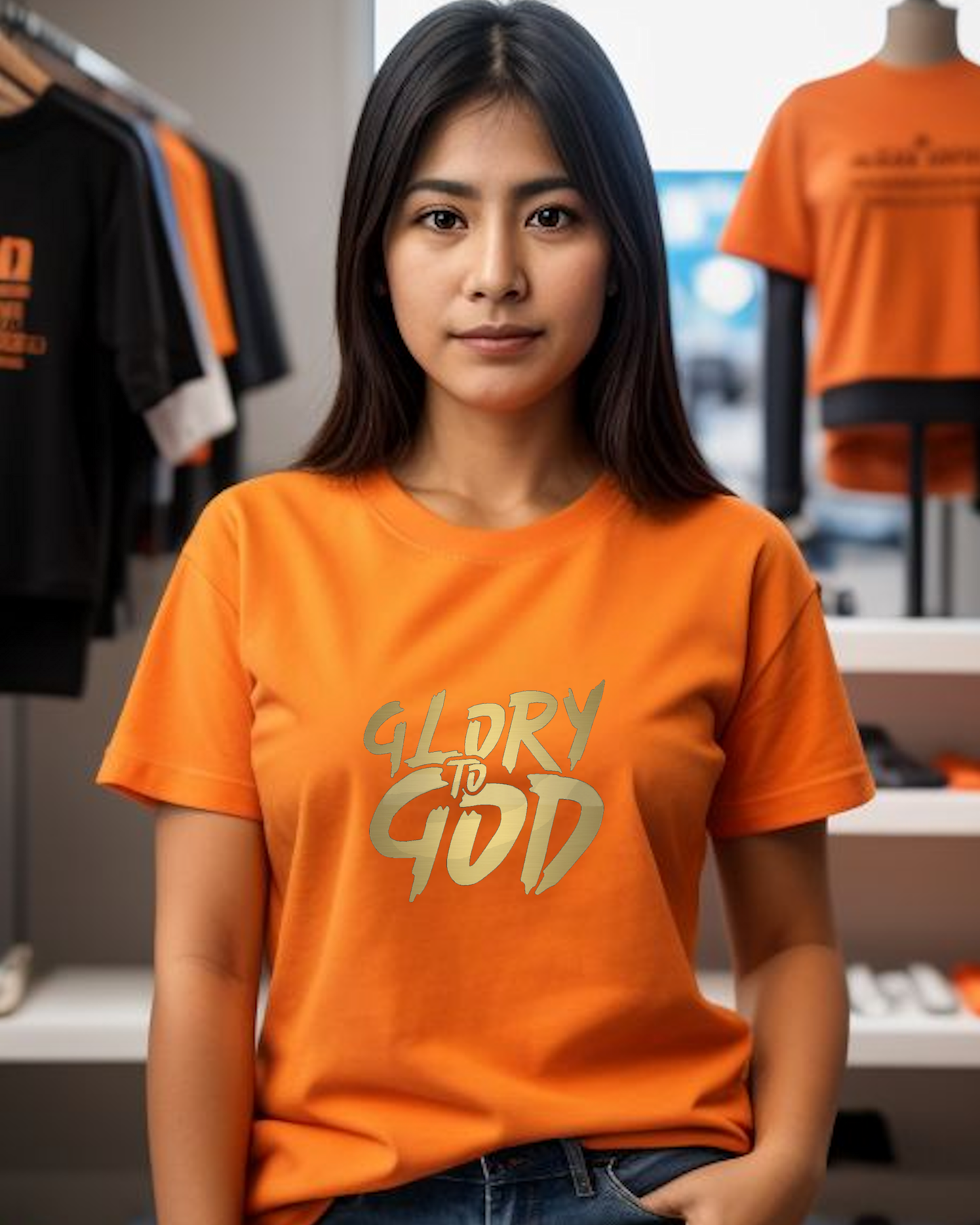 A woman standing in a shop wearing an orange t-shirt with a Heavenly Dreamwear "Glory to God" logo printed in gold on the front.