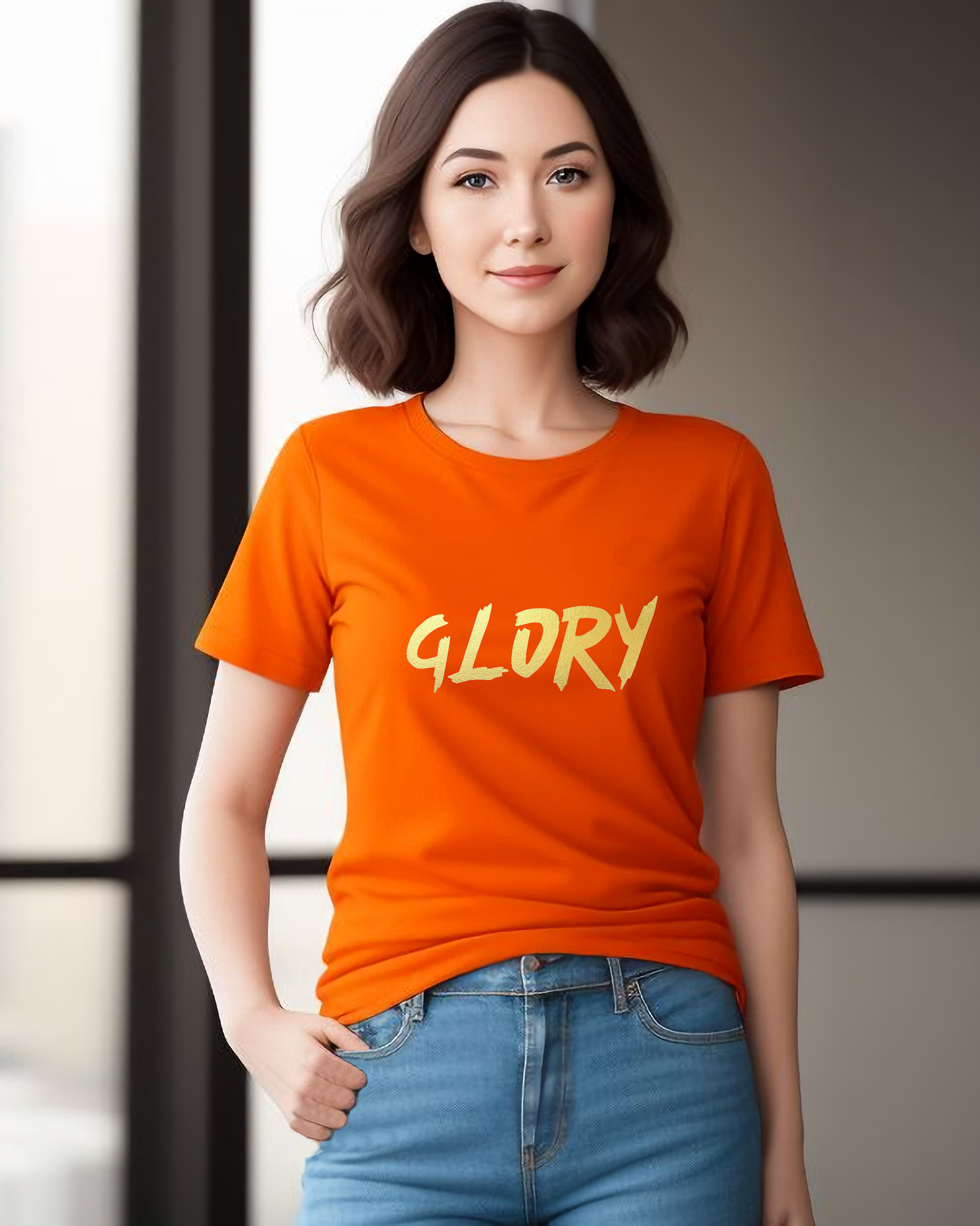 A woman wearing a red t-shirt with a gold "Glory" text logo printed on the front.