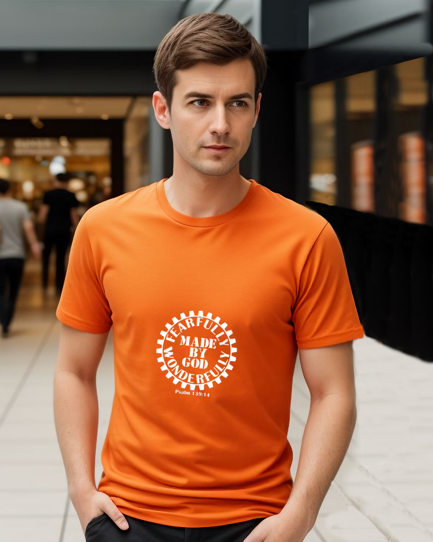 A man wearing an orange t-shirt with a white Heavenly Dreamwear logo with the text "Fearfully Wonderfully Made by God" inside a geared wheel.