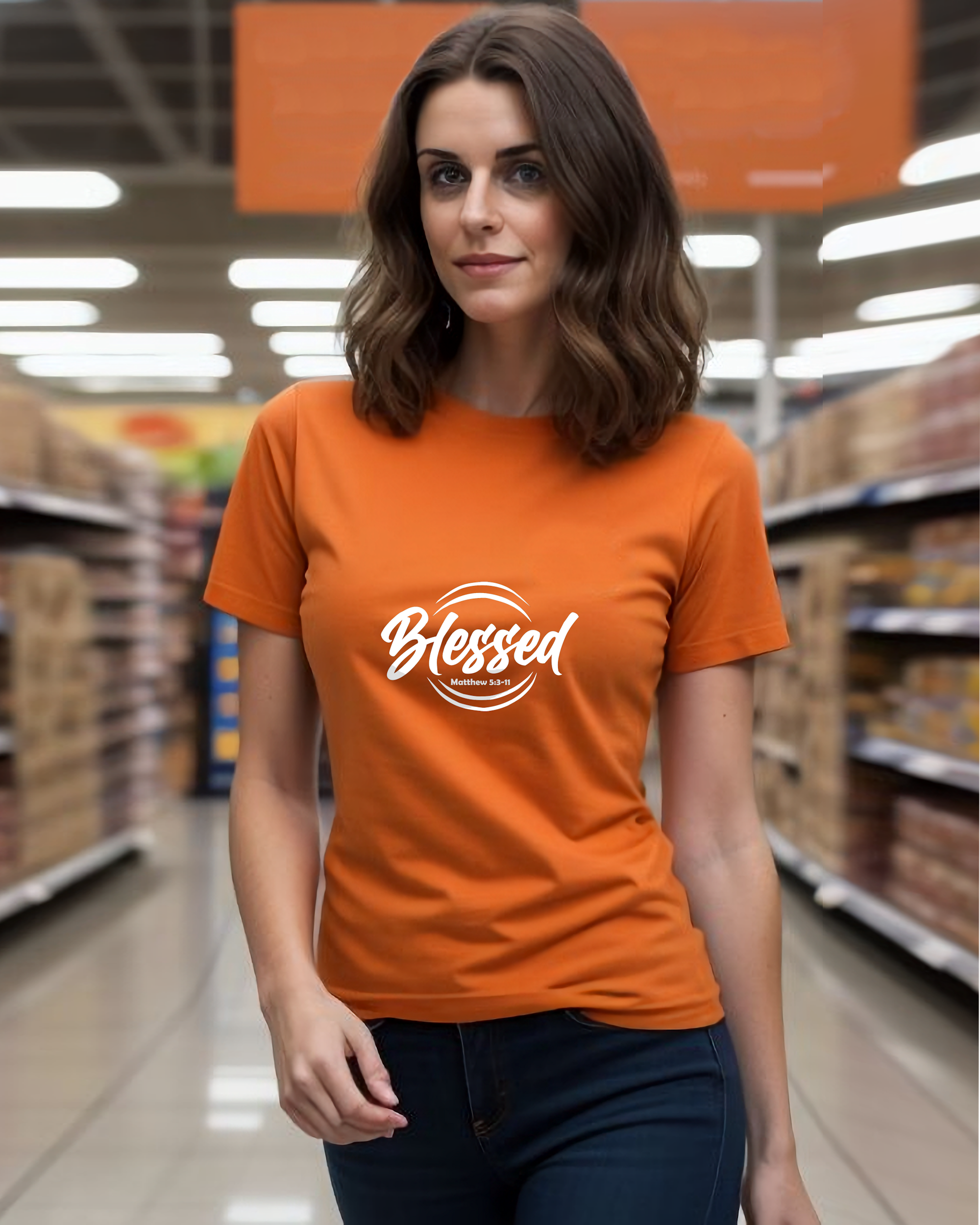 A young woman wearing an orange t-shirt with a white text logo that says 'Blessed' in a supermarket