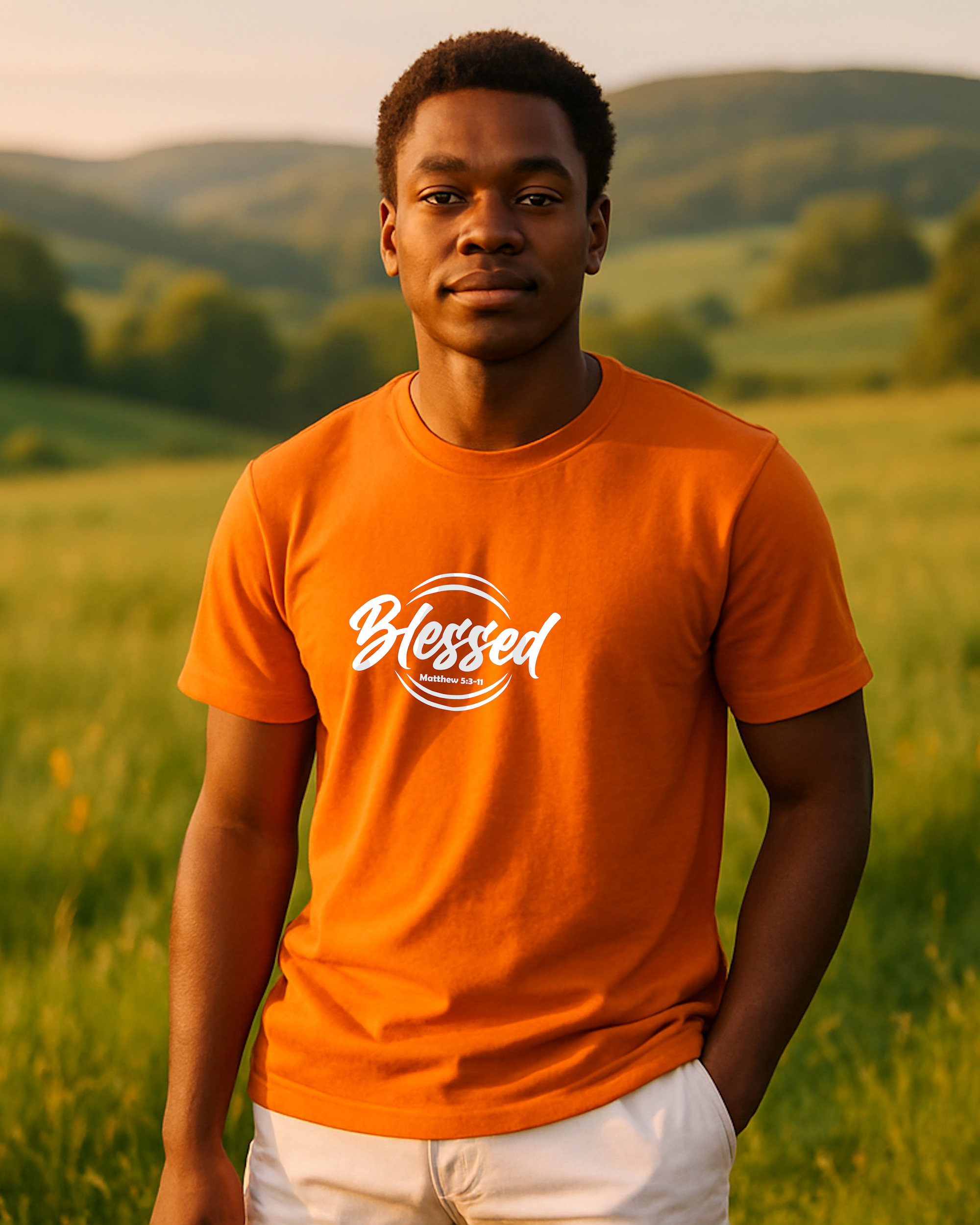 A young man wearing an orange t-shirt with a white text logo that says 'Blessed' in a field.