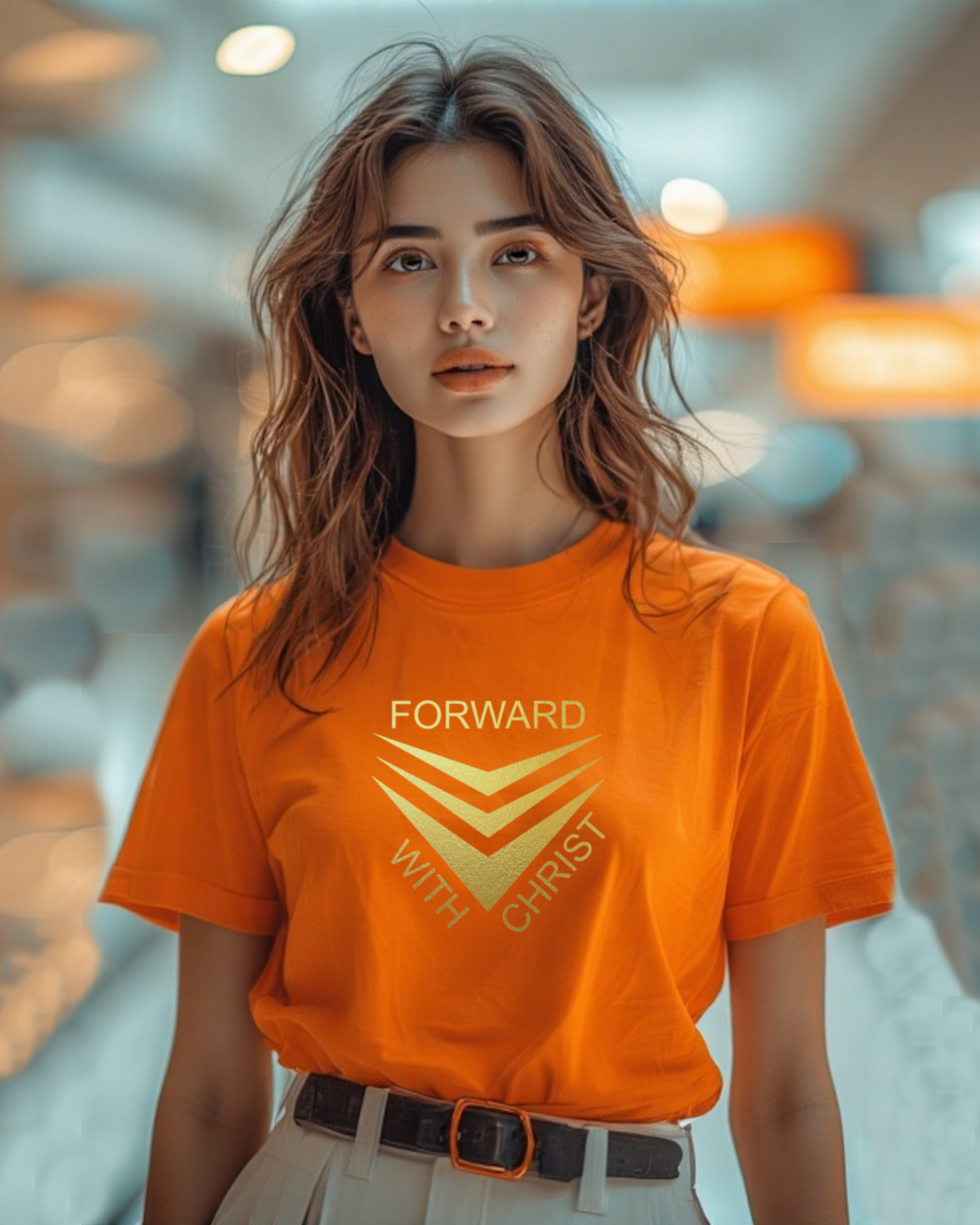 A woman standing in a mall wearing an orange short sleeve t-shirt that has a gold logo with the words "FORWARD WITH CHRIST" around 3 downward pointing chevrons.
