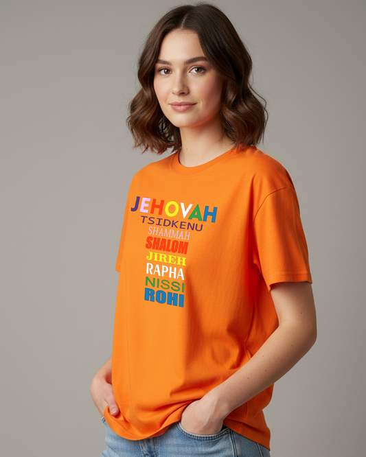 Woman wearing an orange t-shirt with Hebrew text printed on the front in different colours, against a beige background
