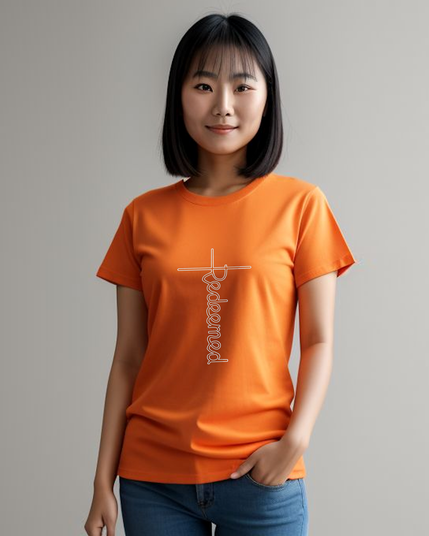 A woman standing against a wall wearing an orange t-shirt with an elaborate  Heavenly Dreamwear designed 'Redeemed' logo printed on the front.