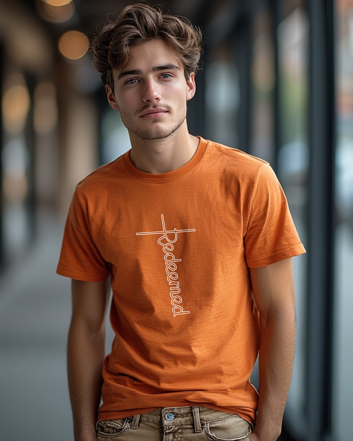 A man standing in a corridor wearing an orange t-shirt with an elaborate white Heavenly Dreamwear designed 'Redeemed' logo printed on the front.