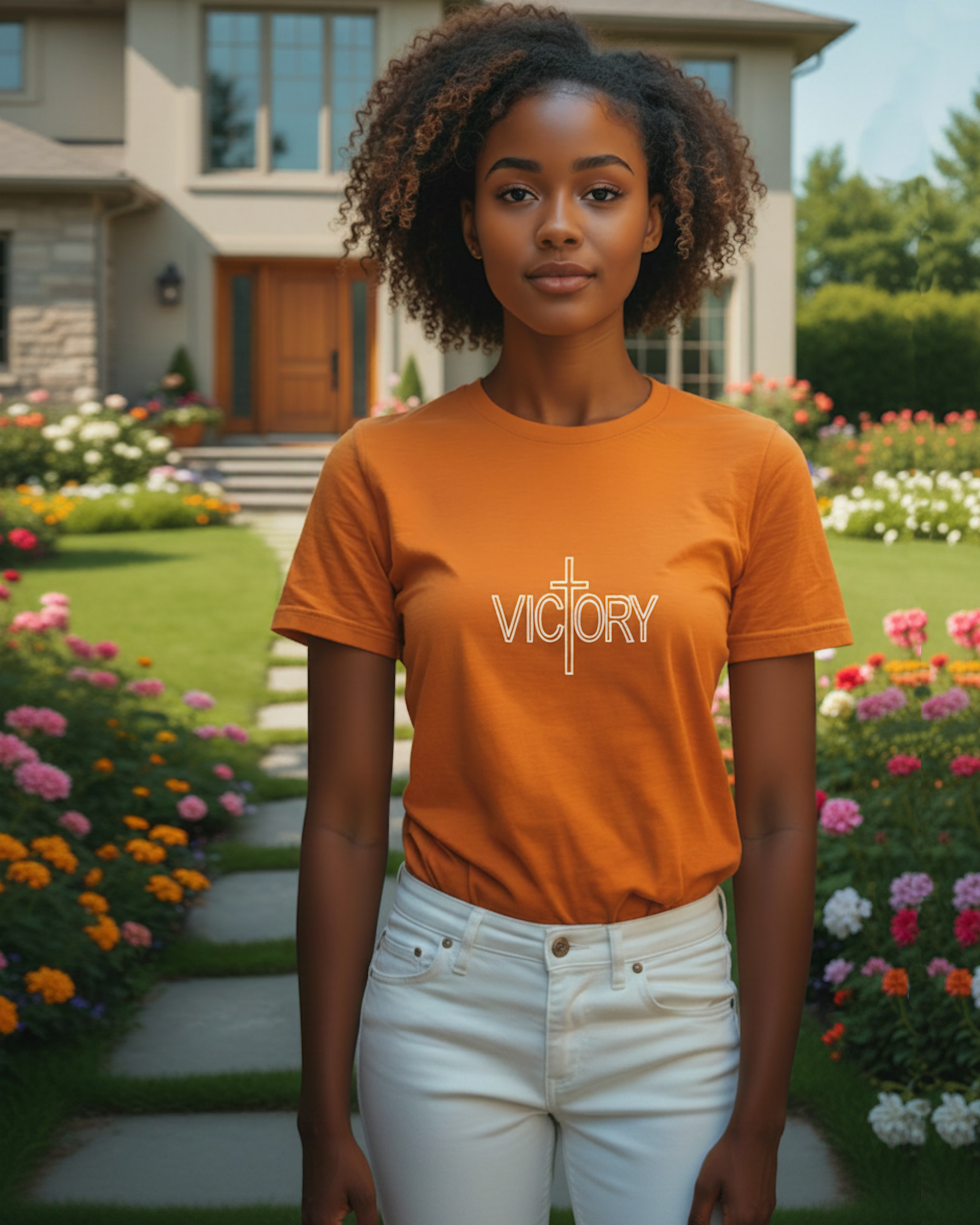 Woman wearing an orange t-shirt with a white'Victory' logo standing in a garden.