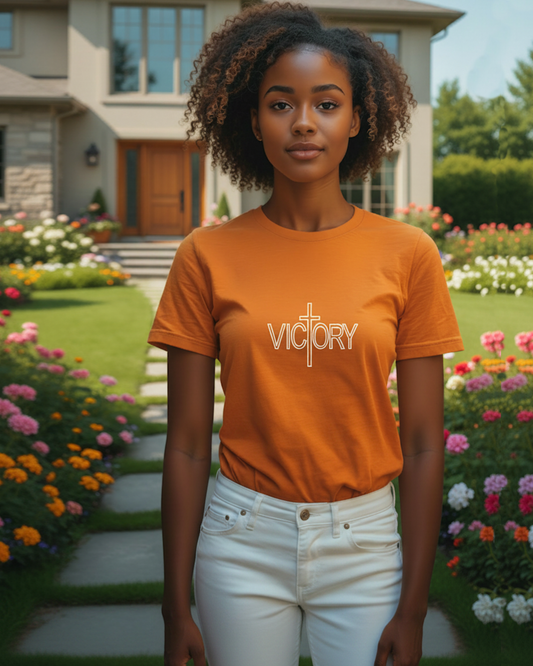 Woman wearing an orange t-shirt with a white'Victory' logo standing in a garden.