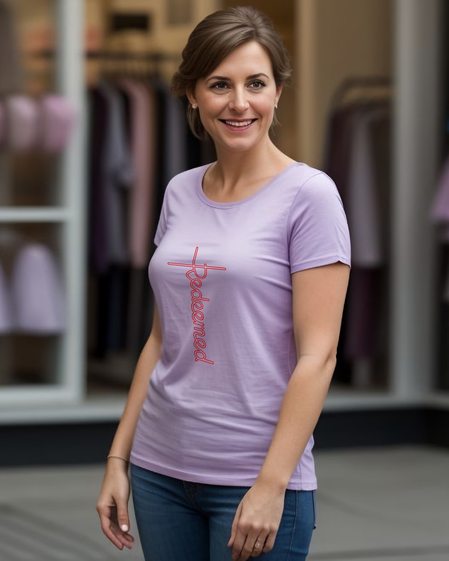 A woman standing outside a shop wearing a purple rose t-shirt with an elaborate  Heavenly Dreamwear designed 'Redeemed' logo printed on the front.