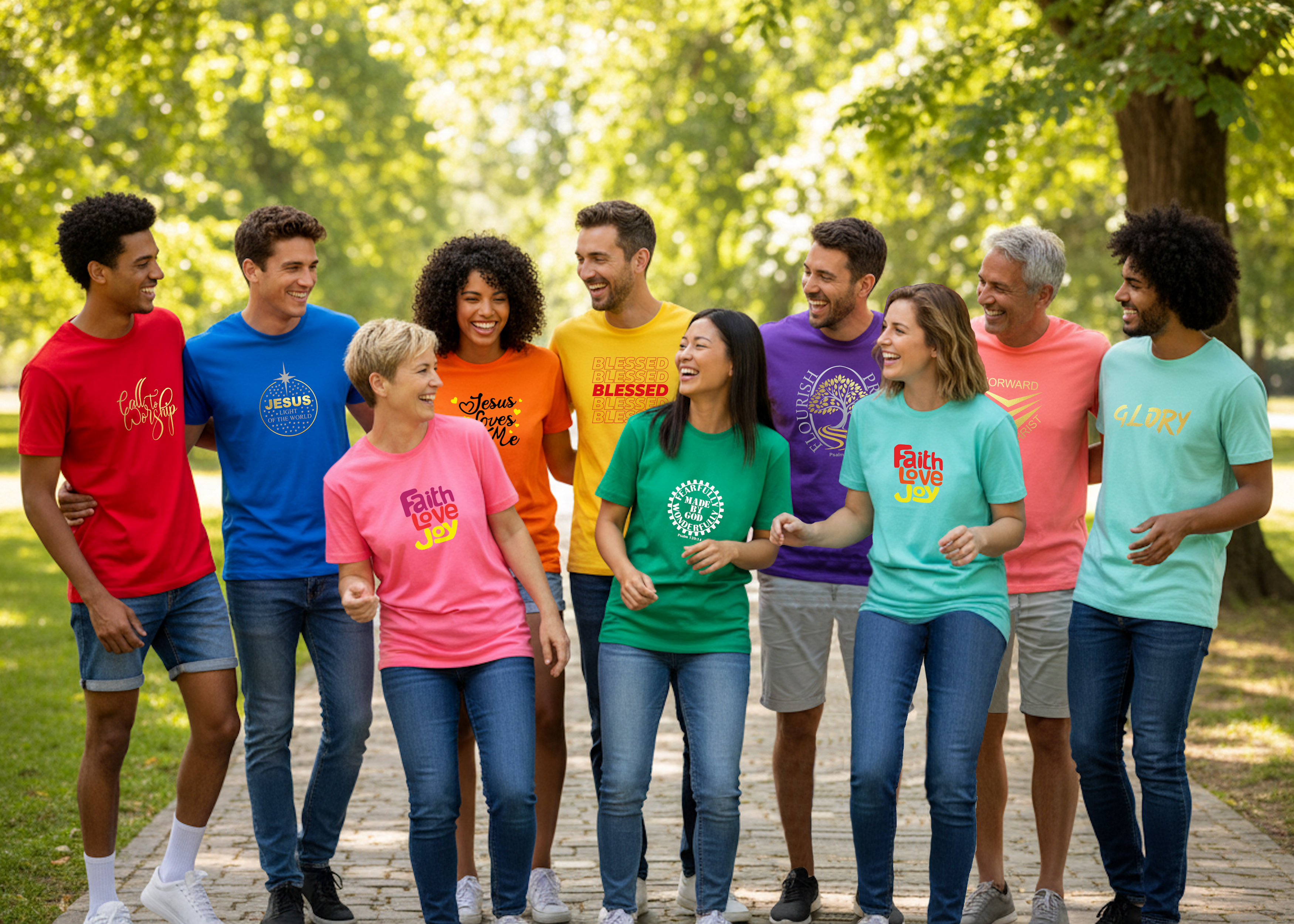 Group of happy people wearing t-shirts with Christian themed logos in a park.