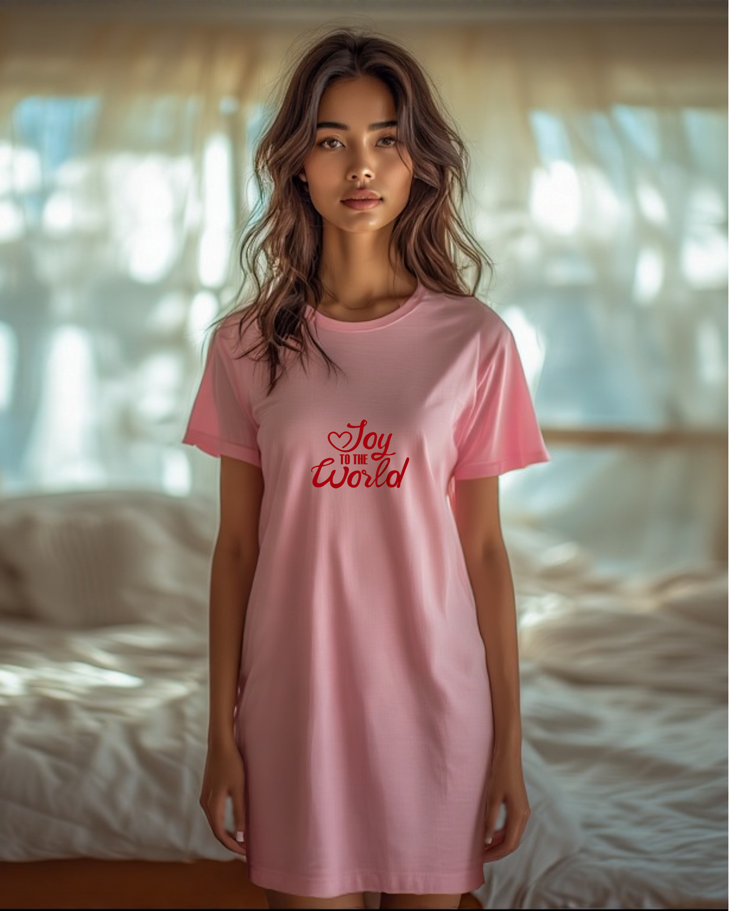 Woman wearing a pink t-shirt with red text, "Joy to the World", in a bedroom setting