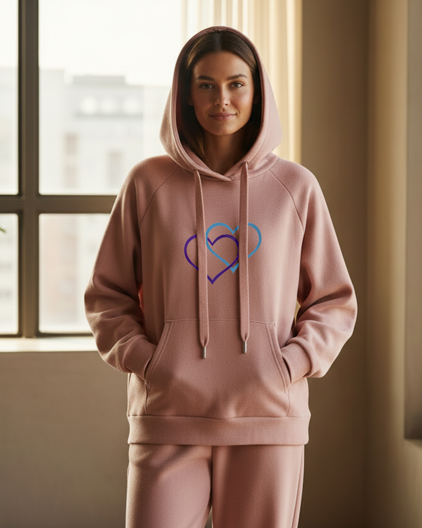 Woman indoors wearing a pink hoodie with a dual purple and cyan heart design.