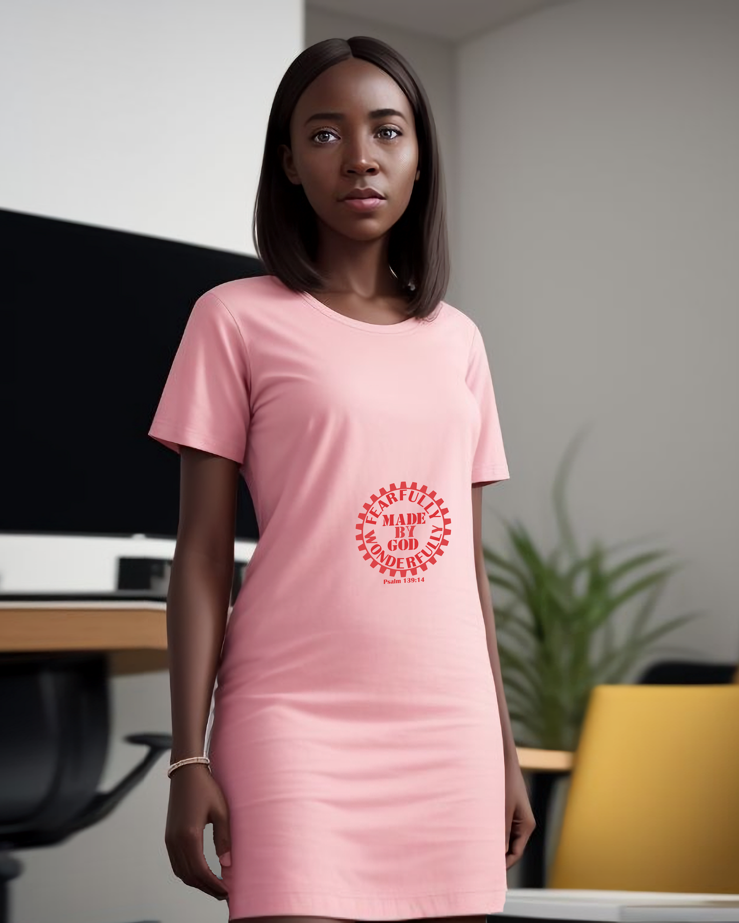 A woman in a bedroom wearing a pink t-shirt dress with a red Heavenly Dreamwear logo comprised of  text "Fearfully Wonderfully Made by God" inside a geared wheel.