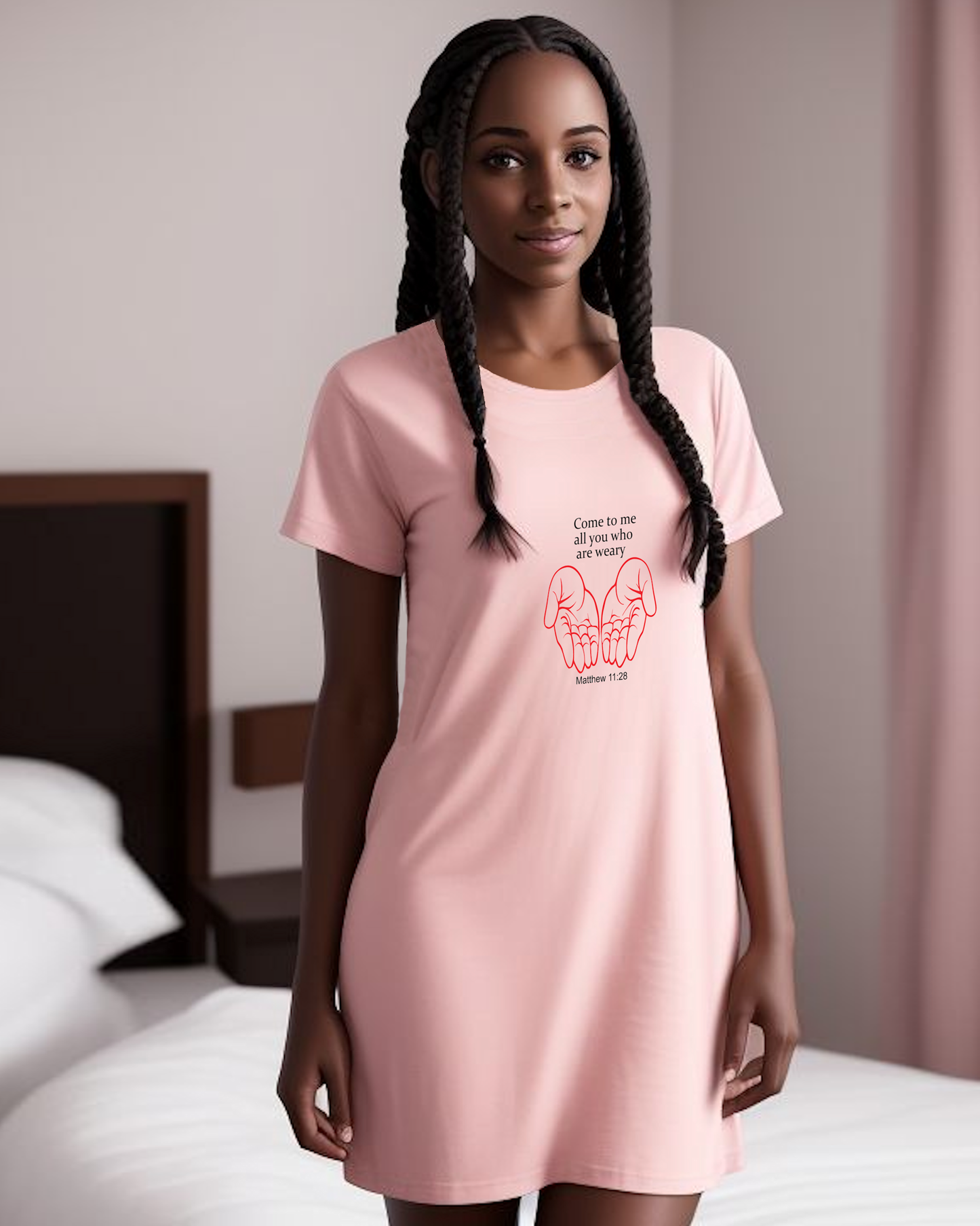 A woman in a bedroom wearing a pink Heavenly Dreamwear t-shirt dress with a black "come to me all you who are weary" text with two red hands facing palm up logo printed on the front.