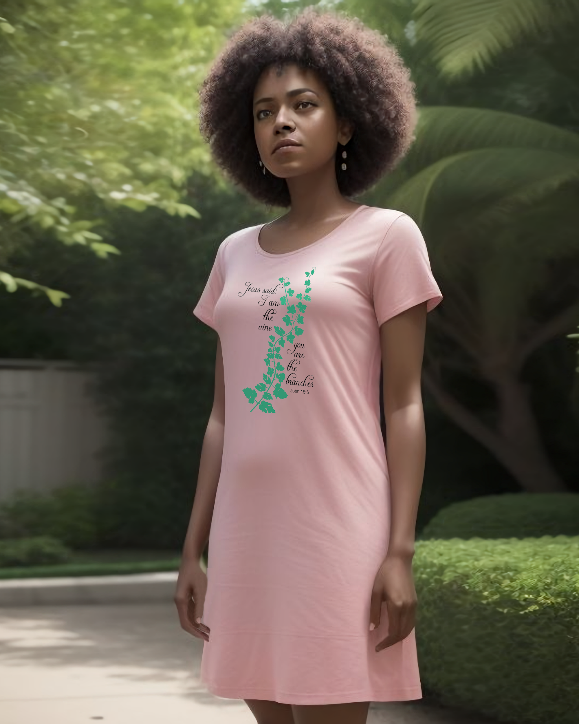 A woman wearing a pink t-shirt dress with an elaborate green vine branch with the text, "Jesus said: I am the vine you are the branches" printed in black text on either side.