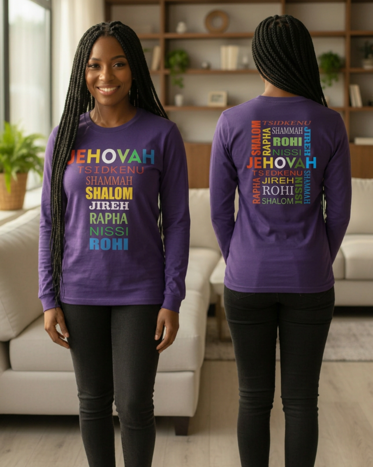 A woman modeling a purple long-sleeve shirt in a living room, showing both front and back views. The front features colorful text reading 'JEHOVAH IS DREDNU STAMMAL JIREH RAPHA NISSA ROHI', and the back has a large multicolor text graphic on the upper back.