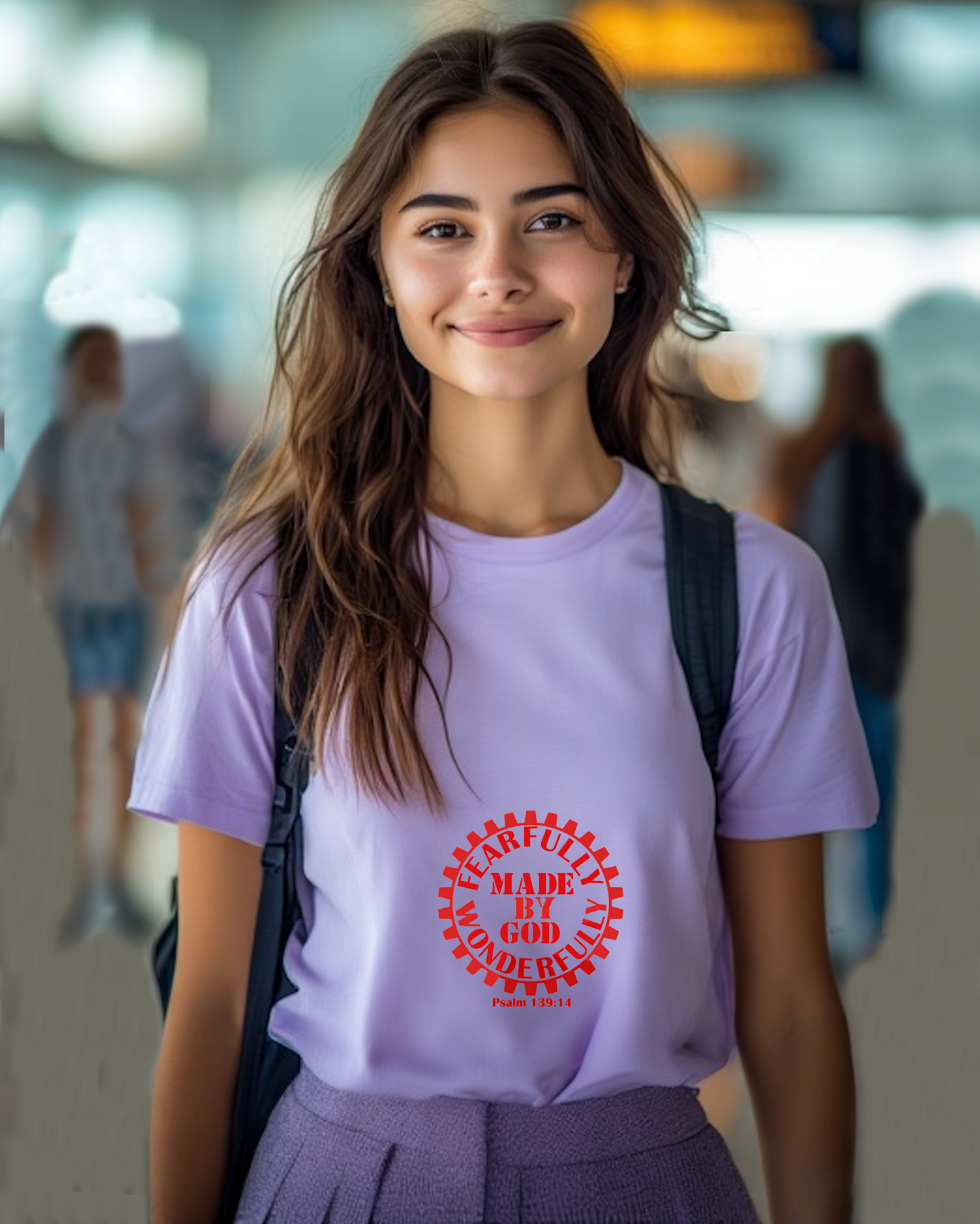 A woman in a college wearing a purple t-shirt with a red Heavenly Dreamwear logo with the text "Fearfully Wonderfully Made by God" inside a geared wheel.