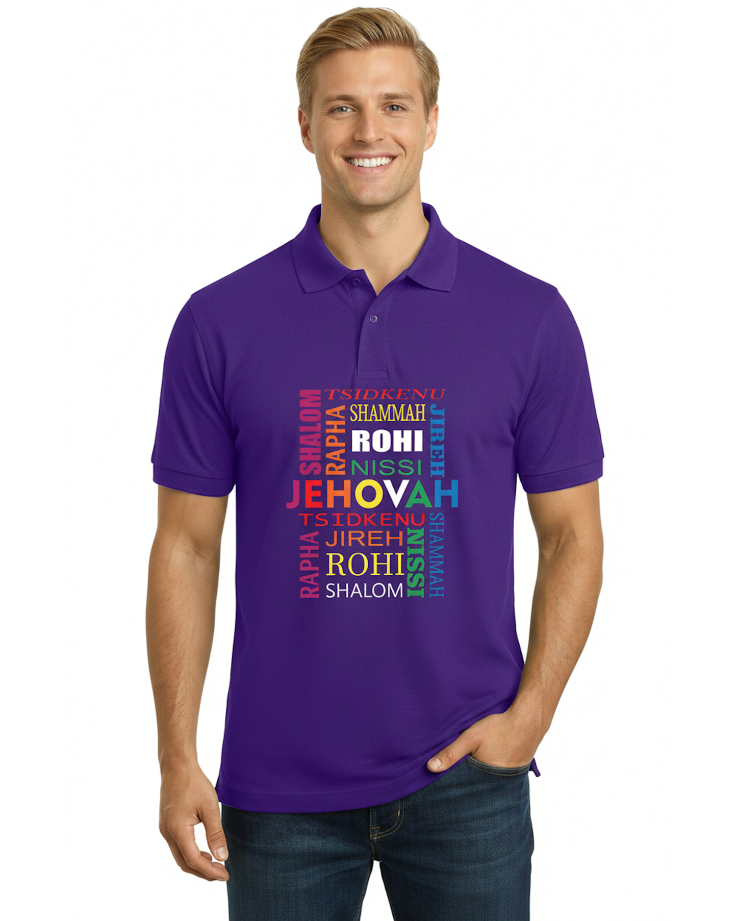 Man wearing a purple polo shirt with colorful text design on a white background