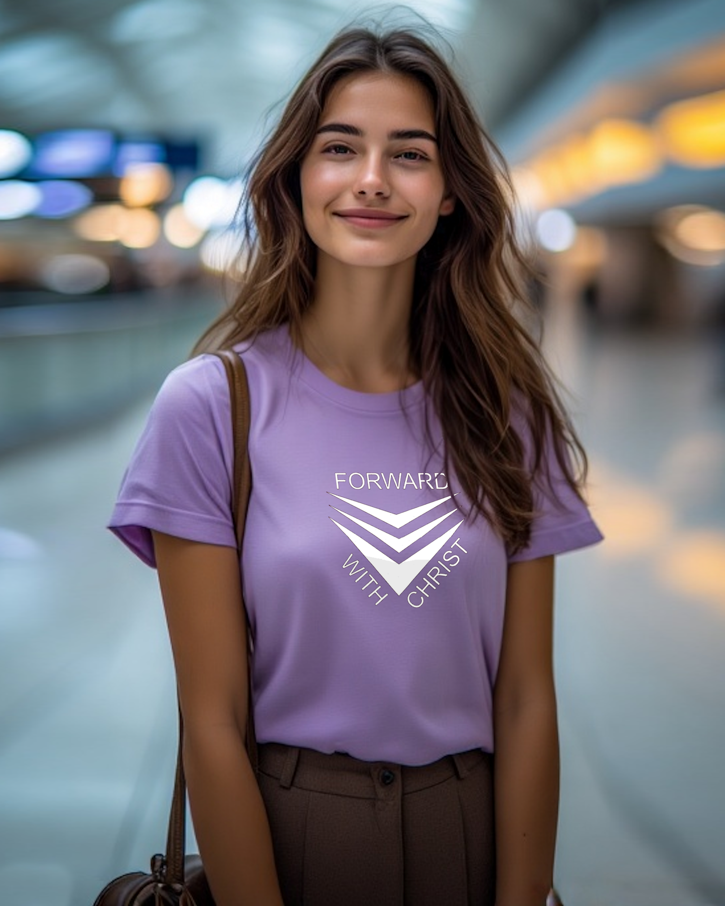 A woman wearing a purple short sleeve t-shirt that has a white logo with the words "FORWARD WITH CHRIST" around 3 downward pointing chevrons.