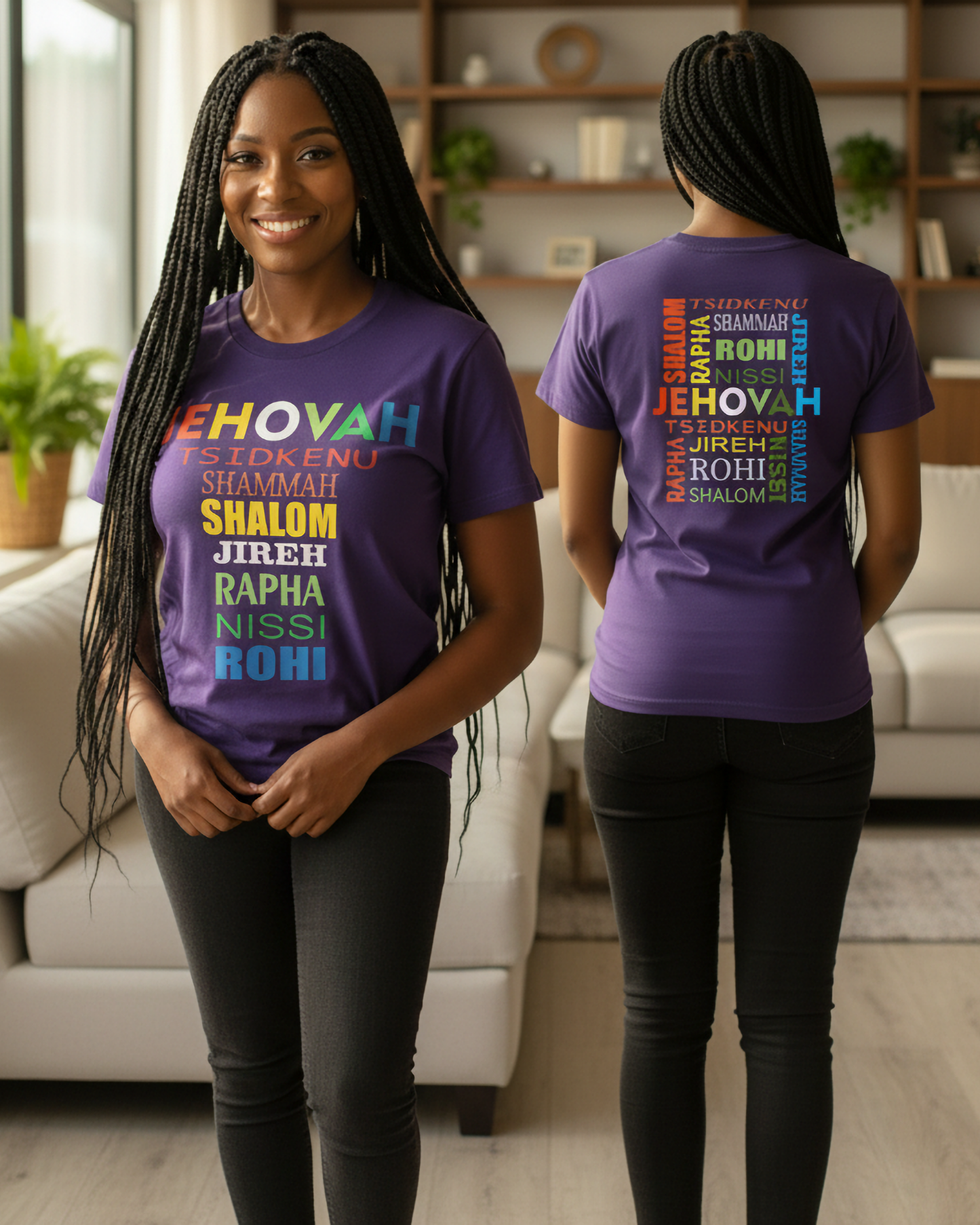 Two women showcasing the front and rear view of a purple t-shirt with Hebrew names of God in red, orange, yellow, white, green and blue text printed on the front and back, in a lounge setting. 
