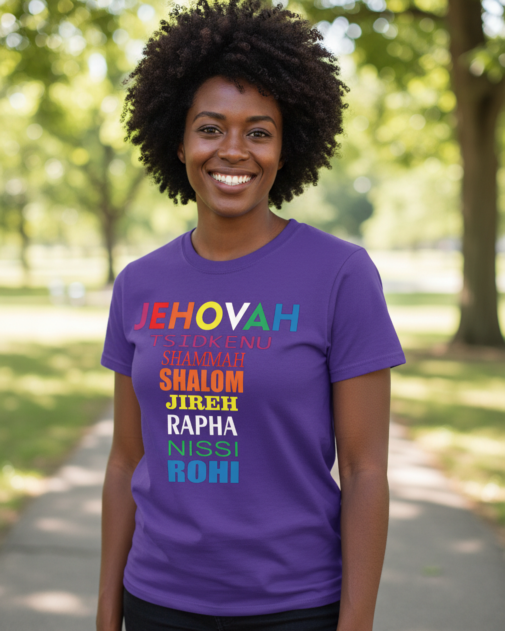 Woman wearing a purple t-shirt with colorful text in a park