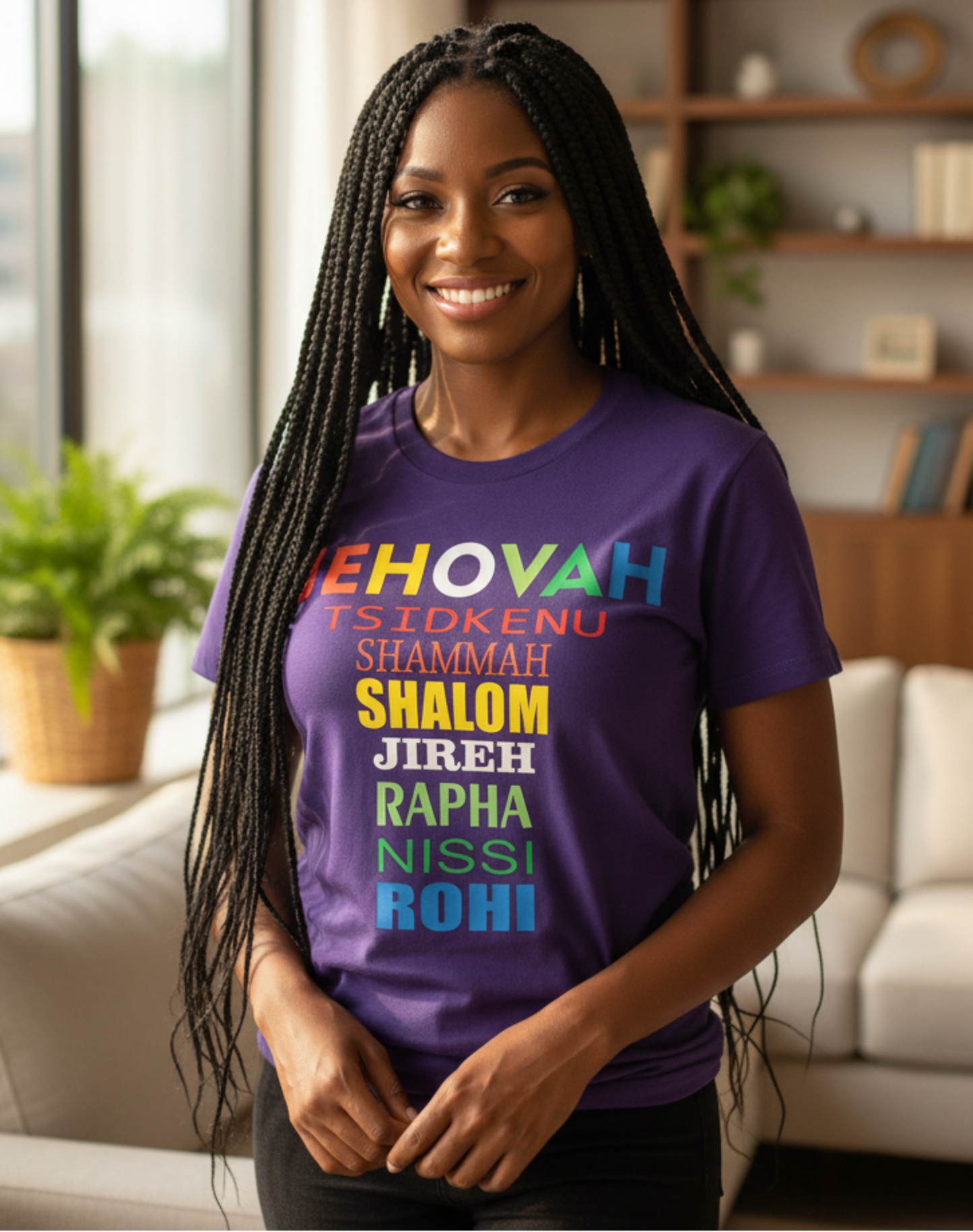 Woman wearing a purple short-sleeve t-shirt in a lounge. The front of the shirt features a text graphic of God's names stacked in red, orange, yellow, white, green, and blue lettering.