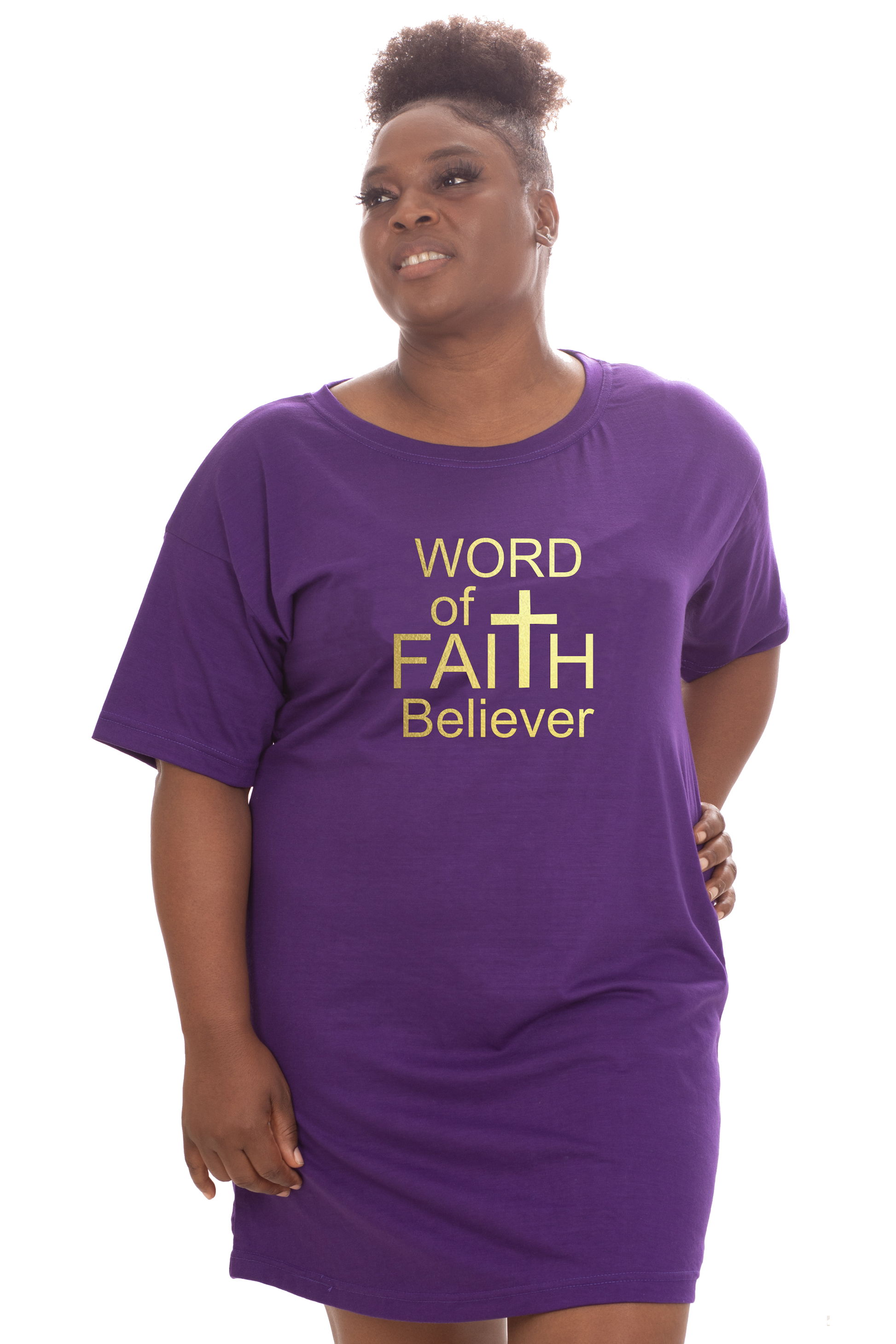 Woman wearing a purple Heavenly Dreamwear t-shirt dress with the text "Word of Faith Believer" in gold.