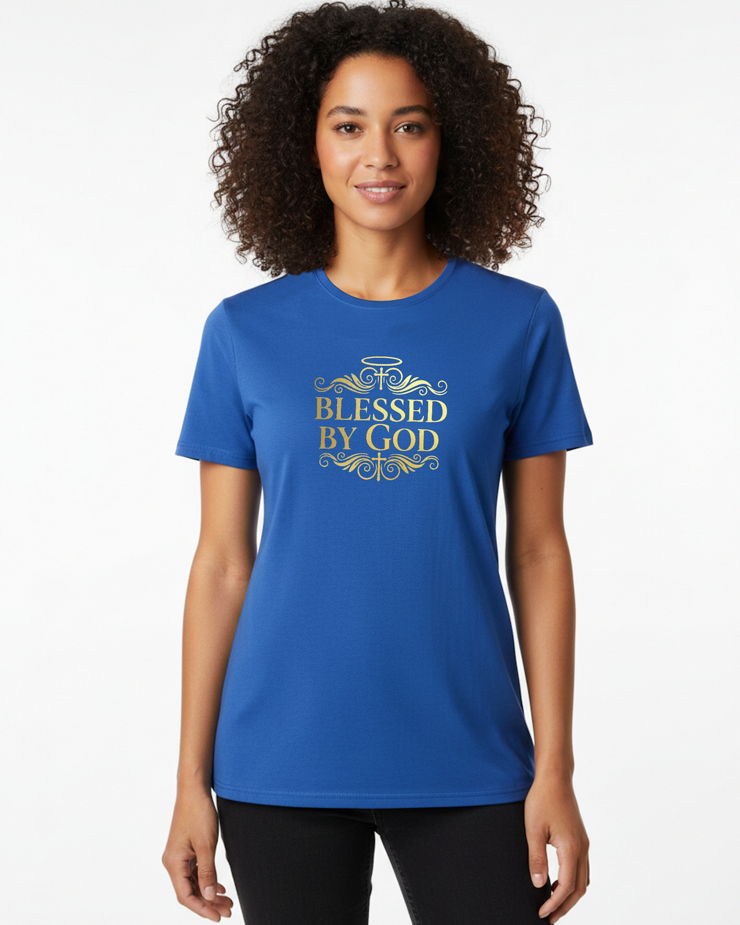Woman wearing a blue t-shirt with gold 'Blessed by God' text on a white background