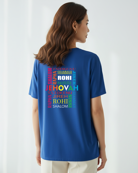 Rear view of a woman wearing a blue t-shirt with Hebrew text printed on the back against a white background