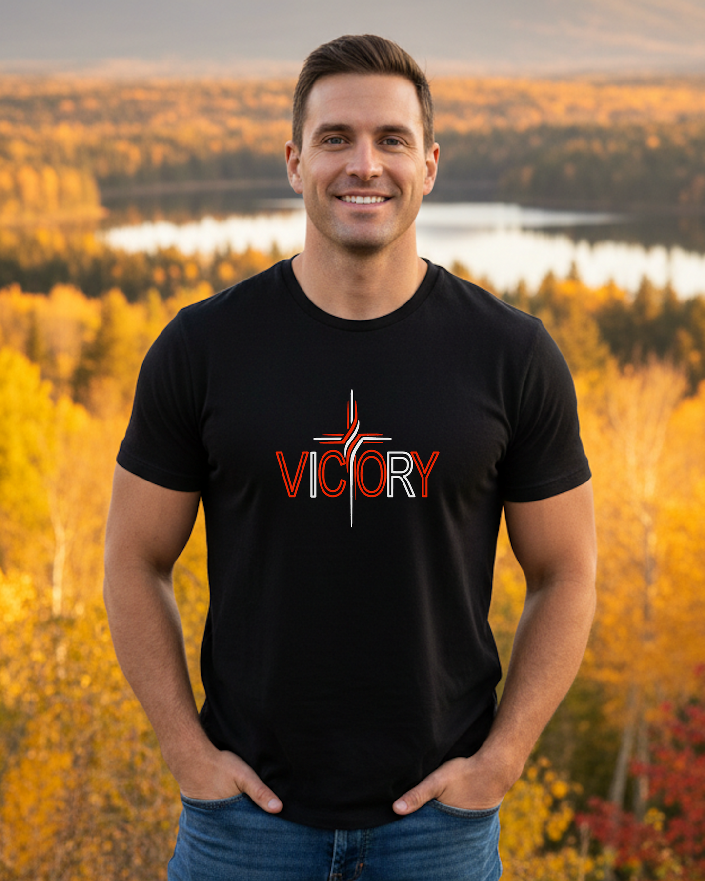 A smiling man wearing a black t-shirt with a colorful 'VICTORY' graphic on the chest, standing near a forest.