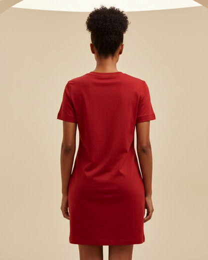 Rear view of a woman wearing a red t-shirt dress.
