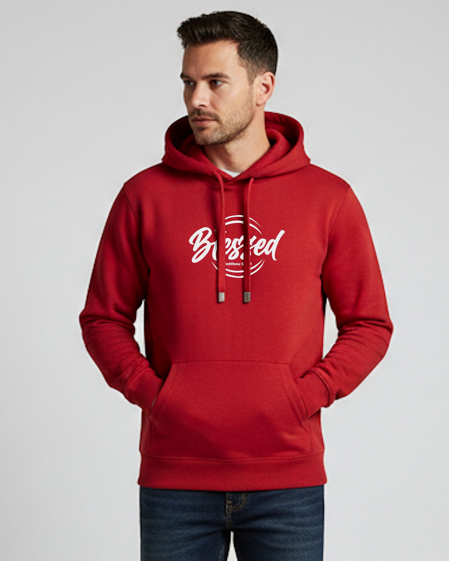 Man wearing a red hoodie with 'Blessed' text on a gray background