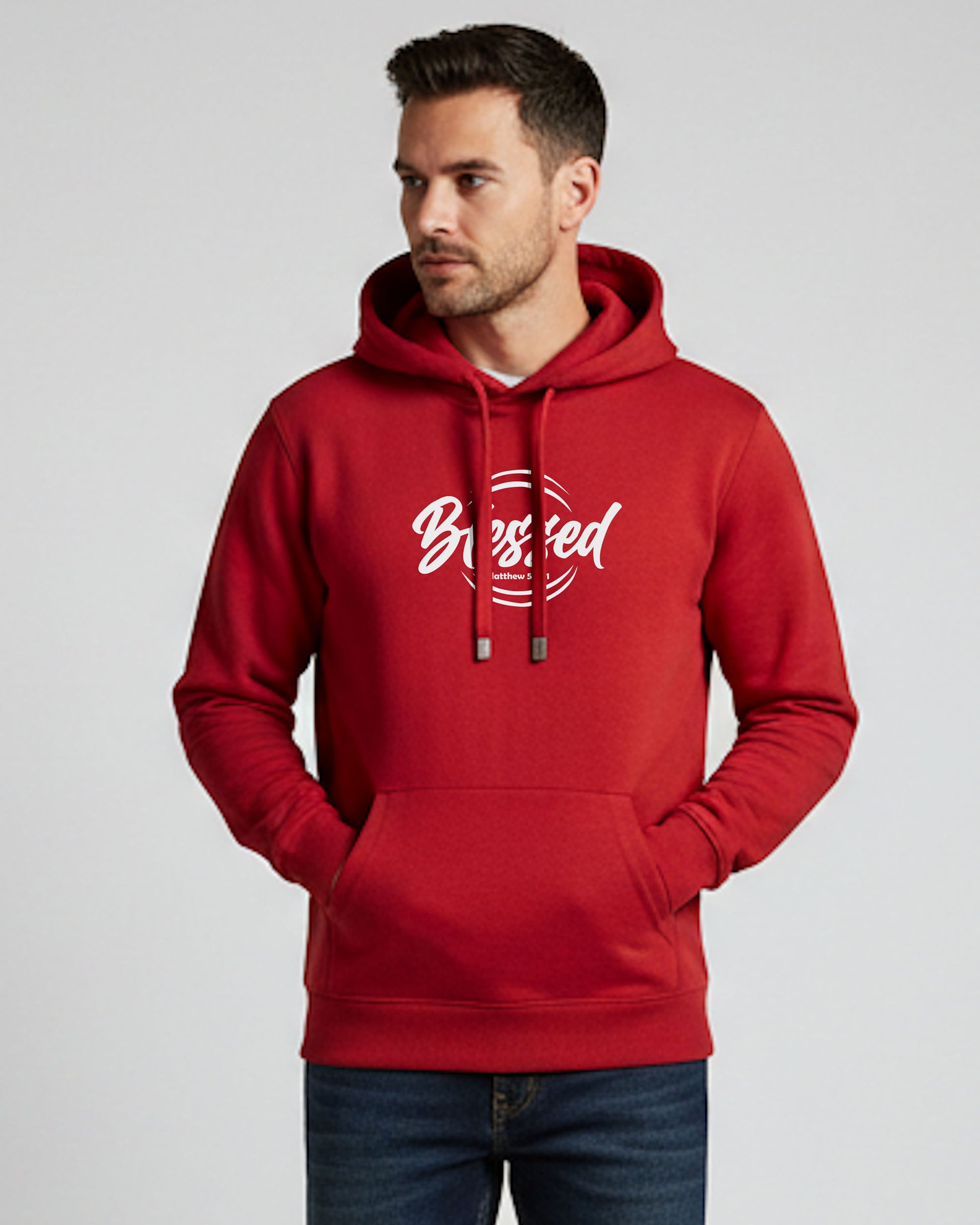 Man wearing a red hoodie with 'Blessed' text on a gray background