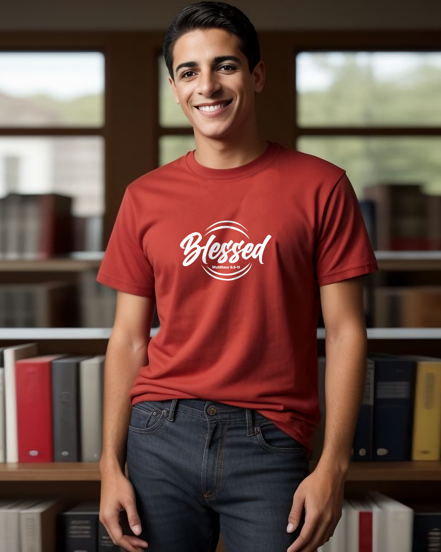 A young man wearing a red t-shirt with a white text logo that says 'Blessed' in a library.
