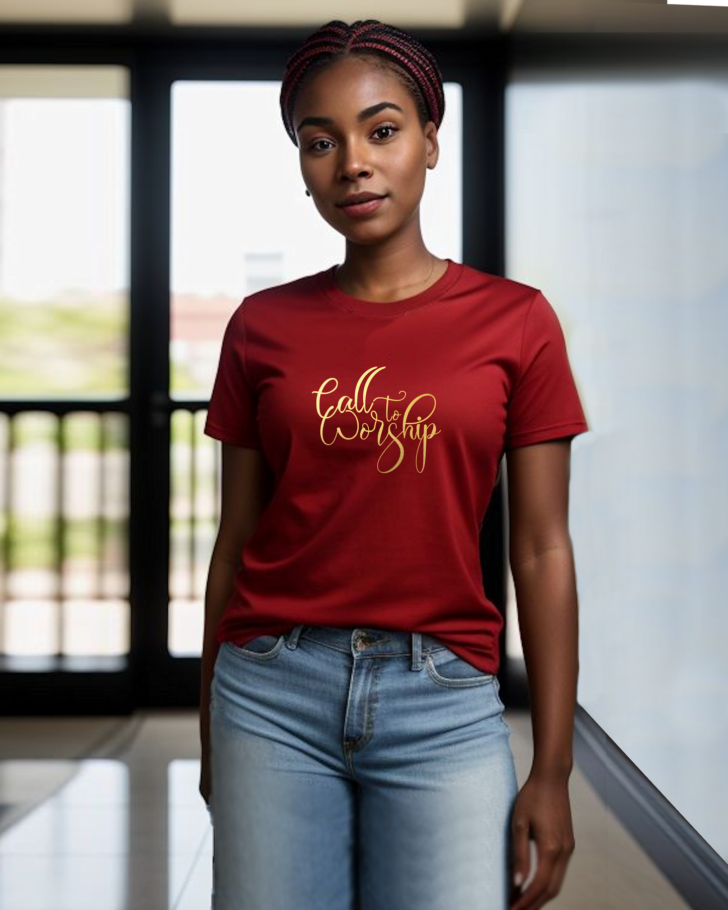 A woman standing in foyer wearing a red t-shirt with a Heavenly Dreamwear designed "Call to Worship" logo printed in gold on the front.