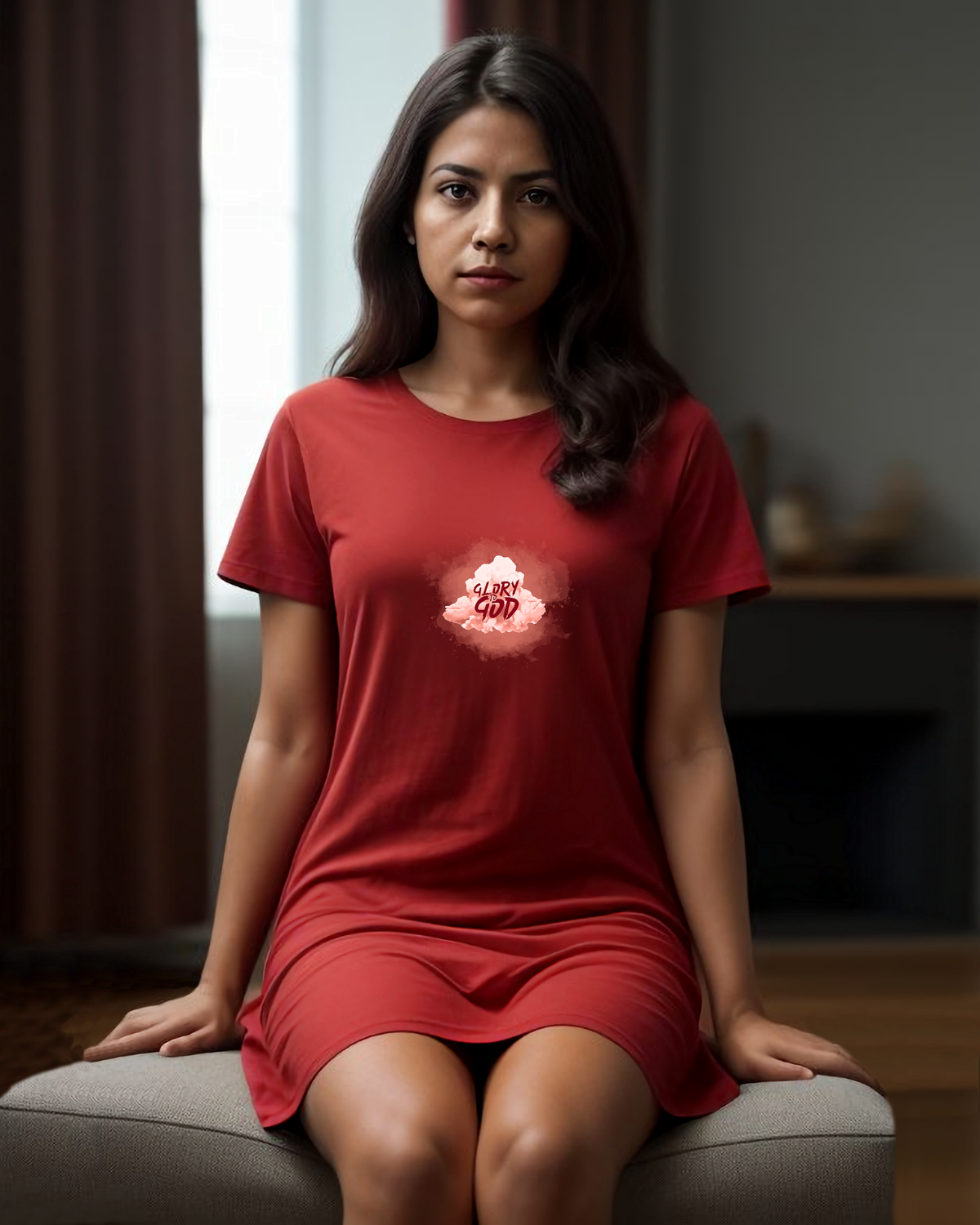 A woman in a lounge wearing a red Heavenly Dreamwear T-shirt dress with a logo containing the Text, "Glory to God" within a cloud.