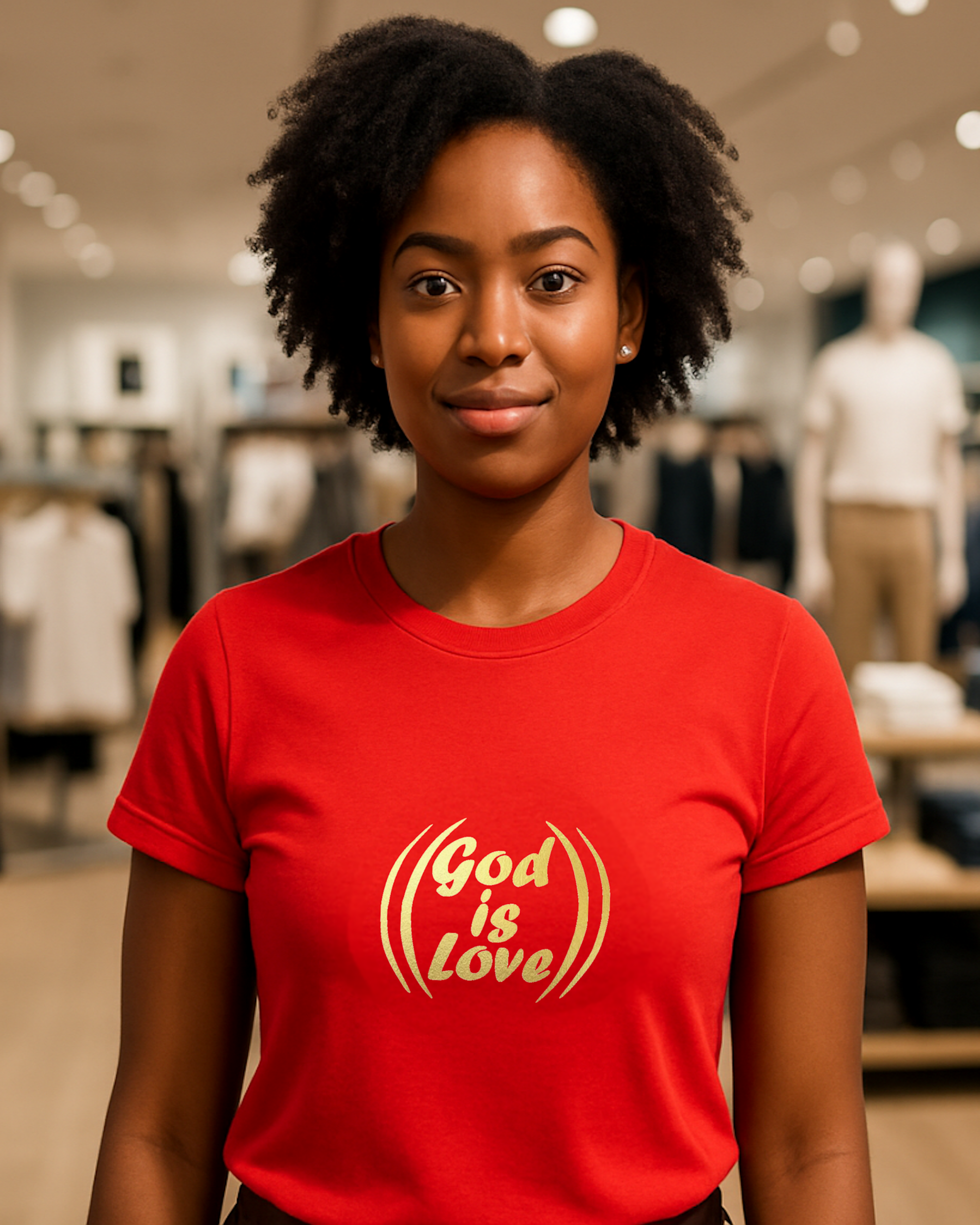 A woman in a shop wearing a red t-shirt with a gold "God is Love" logo printed on the front.